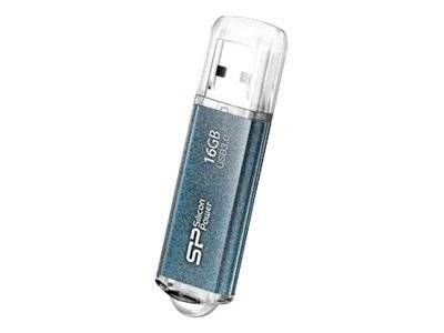 Ein blauer und durchsichtiger 16-GB-USB-Stick mit Kappe, gezeigt auf weißem Hintergrund.