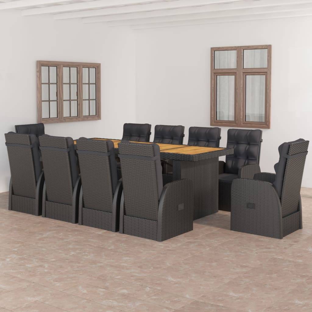 vidaXL 11-tlg. Garten-Essgruppe mit Kissen Poly Rattan Schwarz