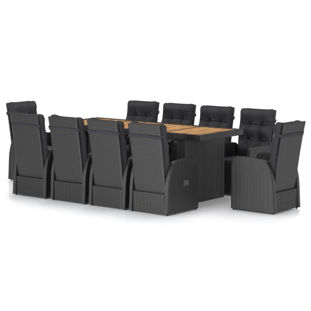 vidaXL 11-tlg. Garten-Essgruppe mit Kissen Poly Rattan Schwarz