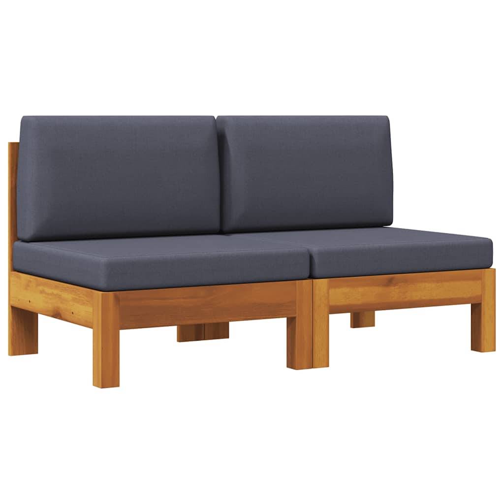 vidaXL Mittelsofas 2 Stk. mit Dunkelgrauen Kissen Massivholz Akazie