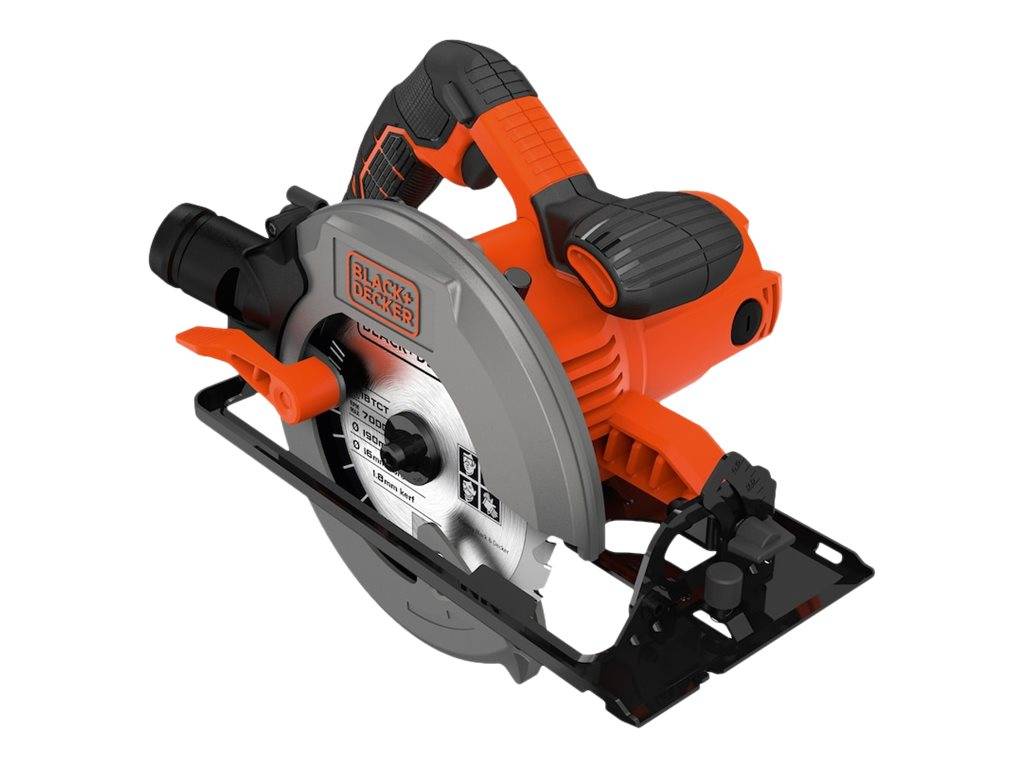 Eine kabellose Kreissäge mit einem orange-schwarzen Design, der Marke 'Black & Decker'. Geeignet für Schneid- und Holzbearbeitungsaufgaben.