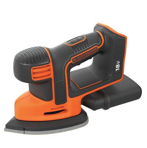 Schwarz und orange Black+Decker 18V Akku-Handschlifer auf weißem Hintergrund.