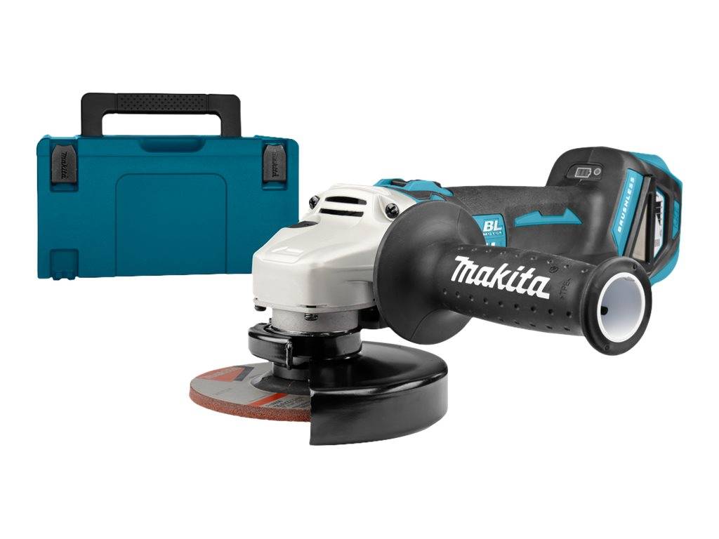 Makita Akku-Winkelschleifer mit Akku, Seitengriff und blauer Tragetasche auf weißem Hintergrund.