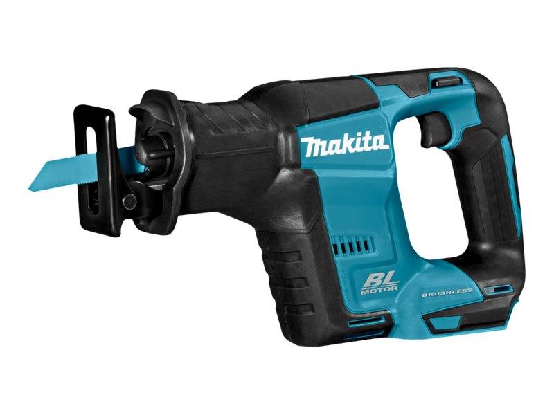 Makita Akku-Säbelsäge mit blauem Sägeblatt eingesetzt, auf weißem Hintergrund dargestellt.