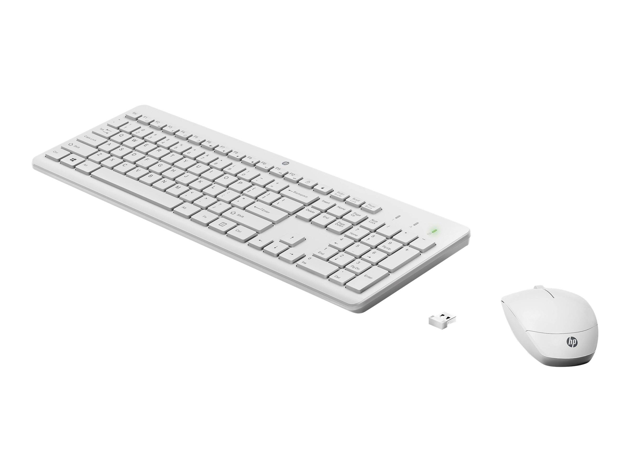 Weiße kabellose Tastatur und Maus im Set mit USB-Empfänger auf einfachem Hintergrund dargestellt.