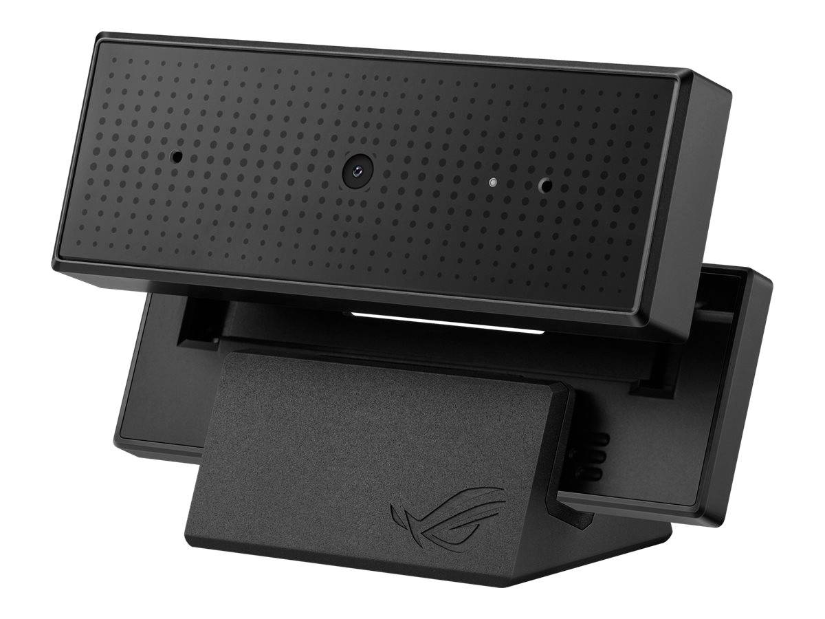 Schwarze ASUS ROG Clip-On-Webcam mit perforiertem Frontpanel, Objektiv und verstellbarer Halterung.