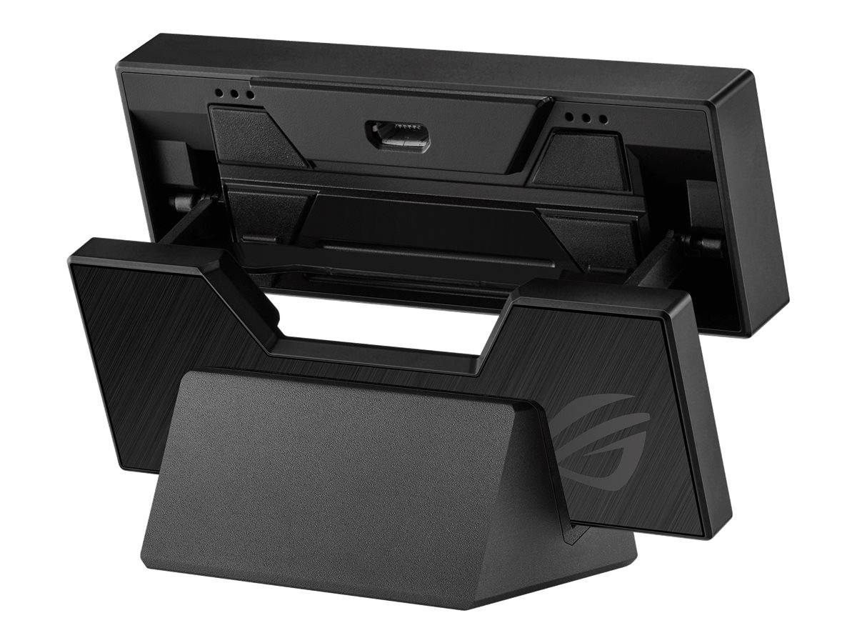 Schwarzer Gaming-Monitor-Ständer/Dock mit eckiger Basis und hinterer Platte, dargestellt in einer Produktansicht auf weißem Hintergrund.