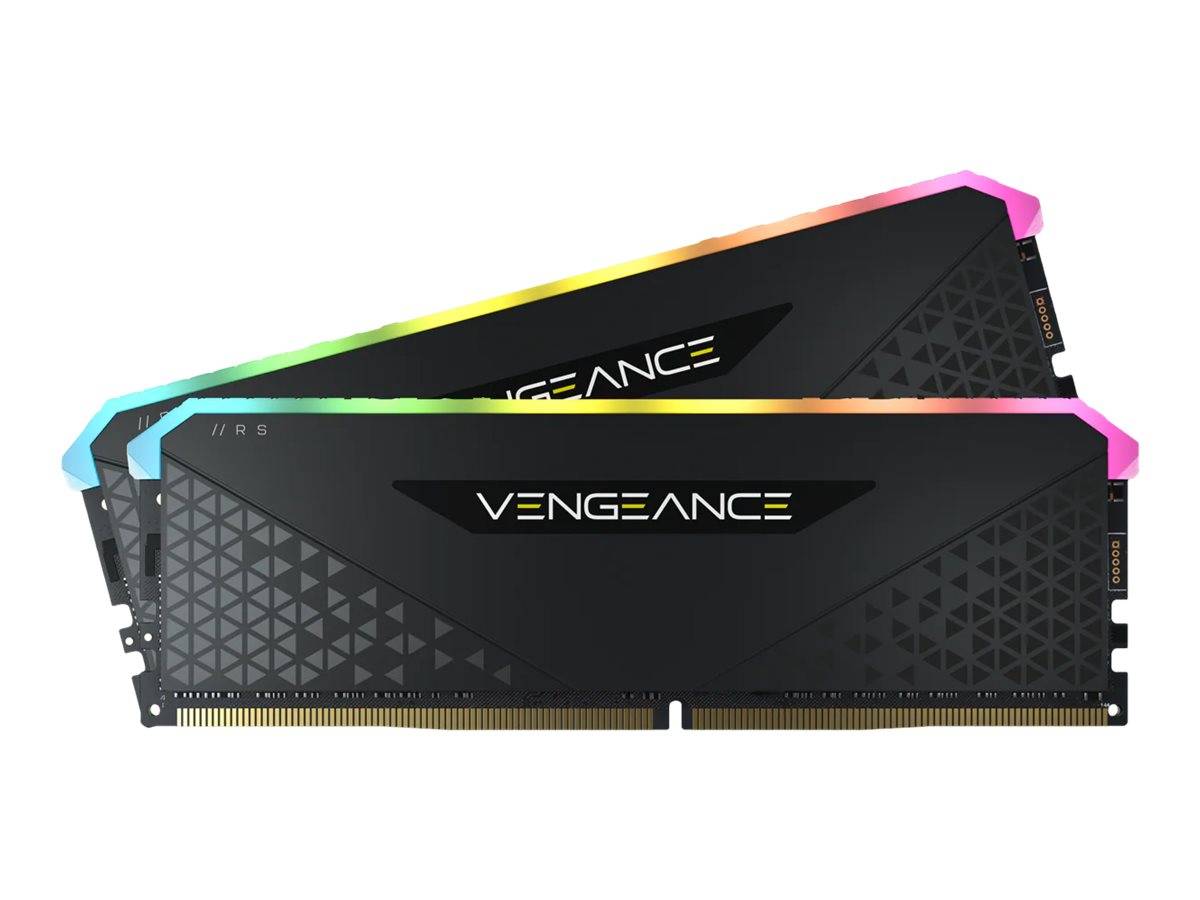 Zwei Corsair Vengeance RGB-Speichermodule, schwarz mit regenbogenfarbigen Leuchtstreifen, gestapelt auf weißem Hintergrund dargestellt.