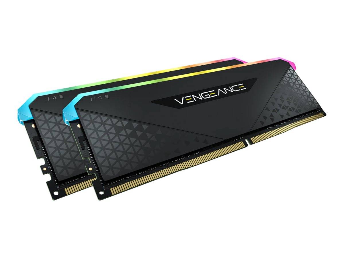 Zwei Corsair Vengeance RGB RAM-Sticks auf weißem Hintergrund, in angewinkelter Produktansicht gezeigt.