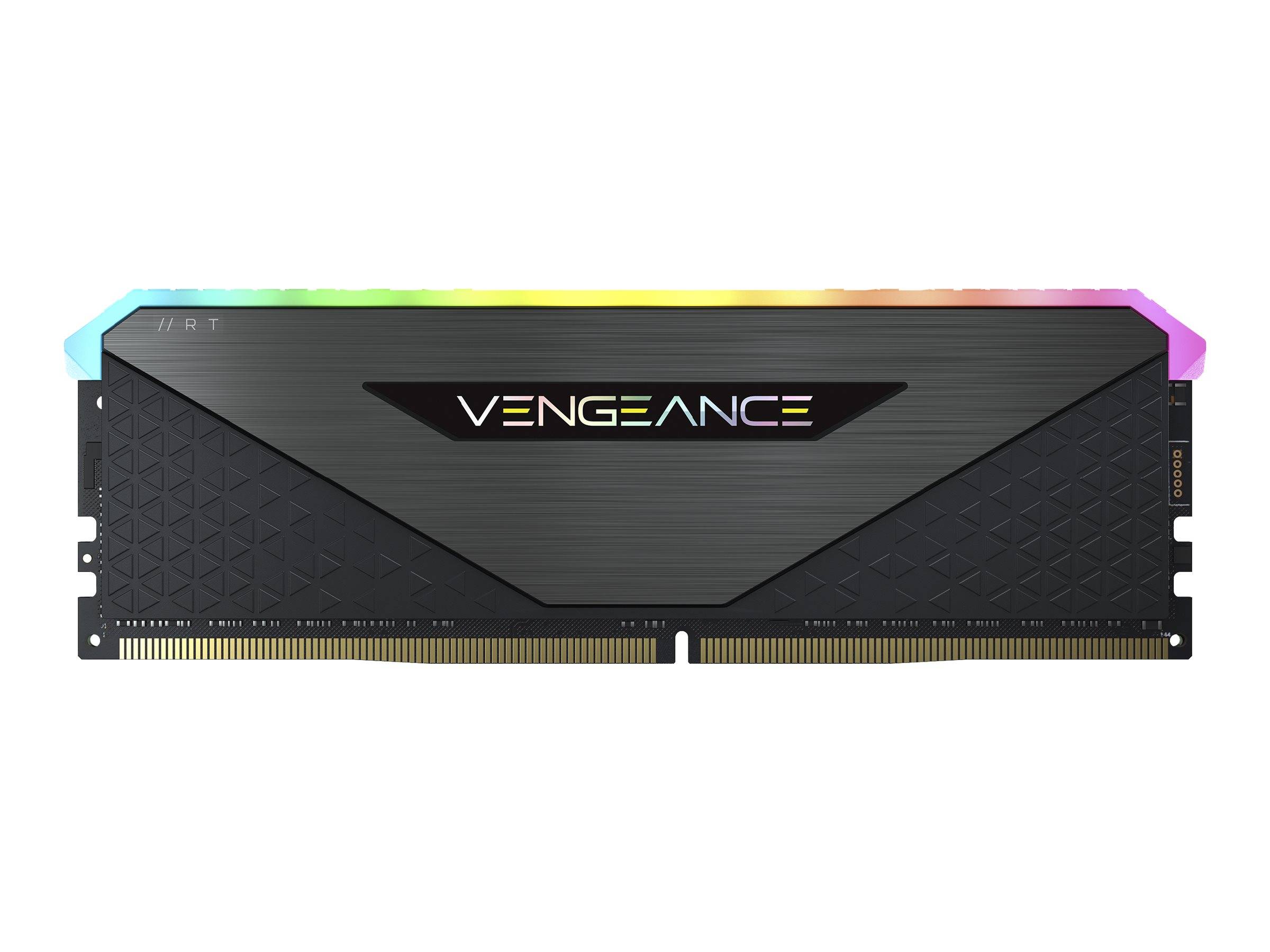 Schwarzes Corsair Vengeance RGB Desktop-RAM-Modul von vorne gezeigt, mit mehrfarbiger Leuchtleiste oben und goldenen Steckerkontakten unten.