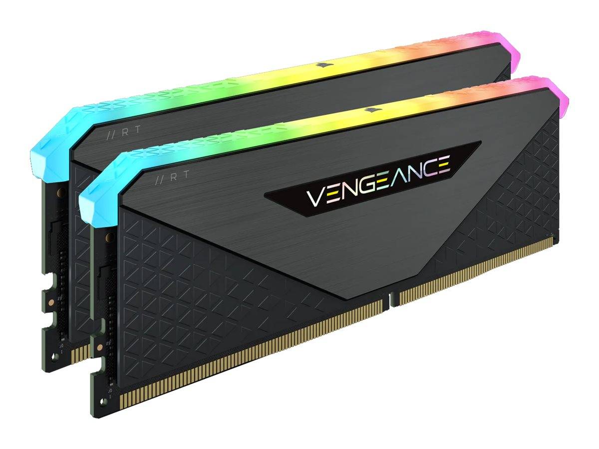 Zwei Corsair Vengeance RGB RAM-Riegel mit regenbogenfarbigen Leuchtleisten oben, auf weißem Hintergrund dargestellt.