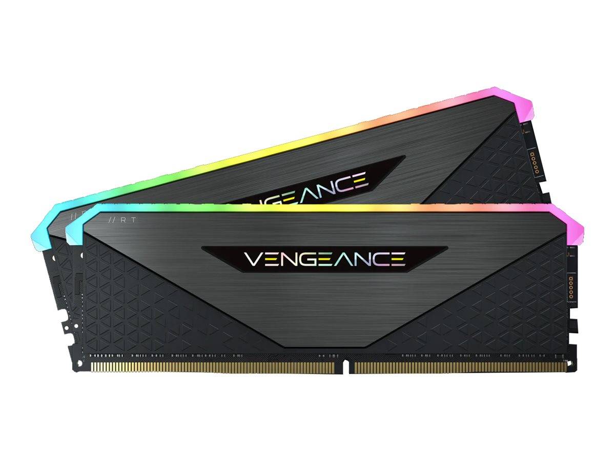 Zwei Corsair Vengeance RGB-Speichermodule für Computer mit schwarzen Kühlkörpern und regenbogenfarbenen Leuchtleisten, dargestellt auf weißem Hintergrund.