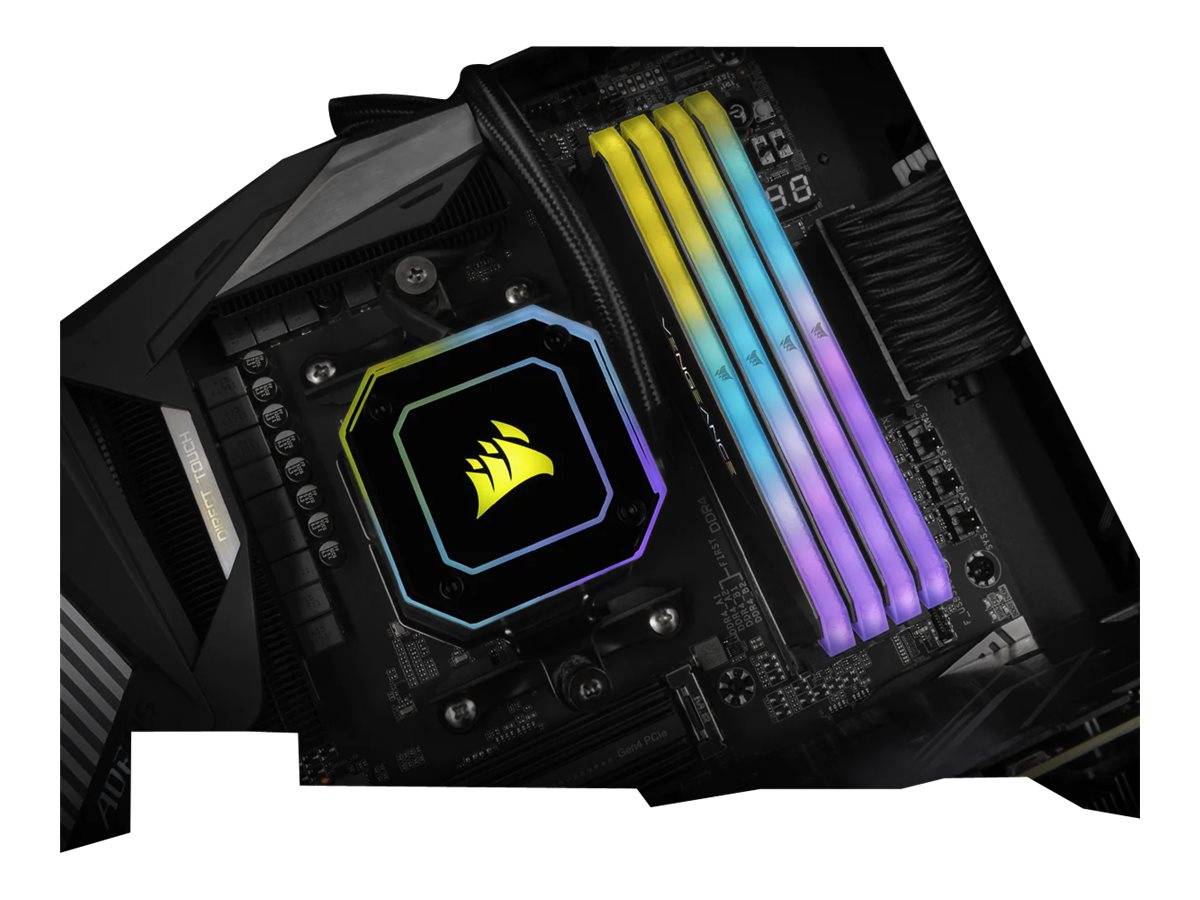 Offenes Desktop-PC-Gehäuse mit RGB-beleuchteter Hauptplatine, Corsair-CPU-Kühler, GeForce-RTX-Grafikkarte und leuchtenden RAM-Modulen.