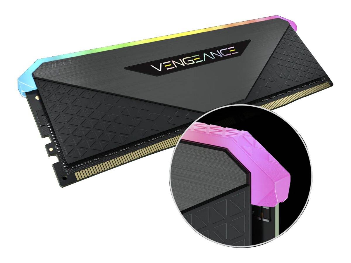 Corsair Vengeance RGB Desktop-RAM-Modul mit schwarzem Kühlkörper und mehrfarbiger Leuchtleiste, gezeigt mit einer vergrößerten Nahaufnahme des rosa beleuchteten Endes.