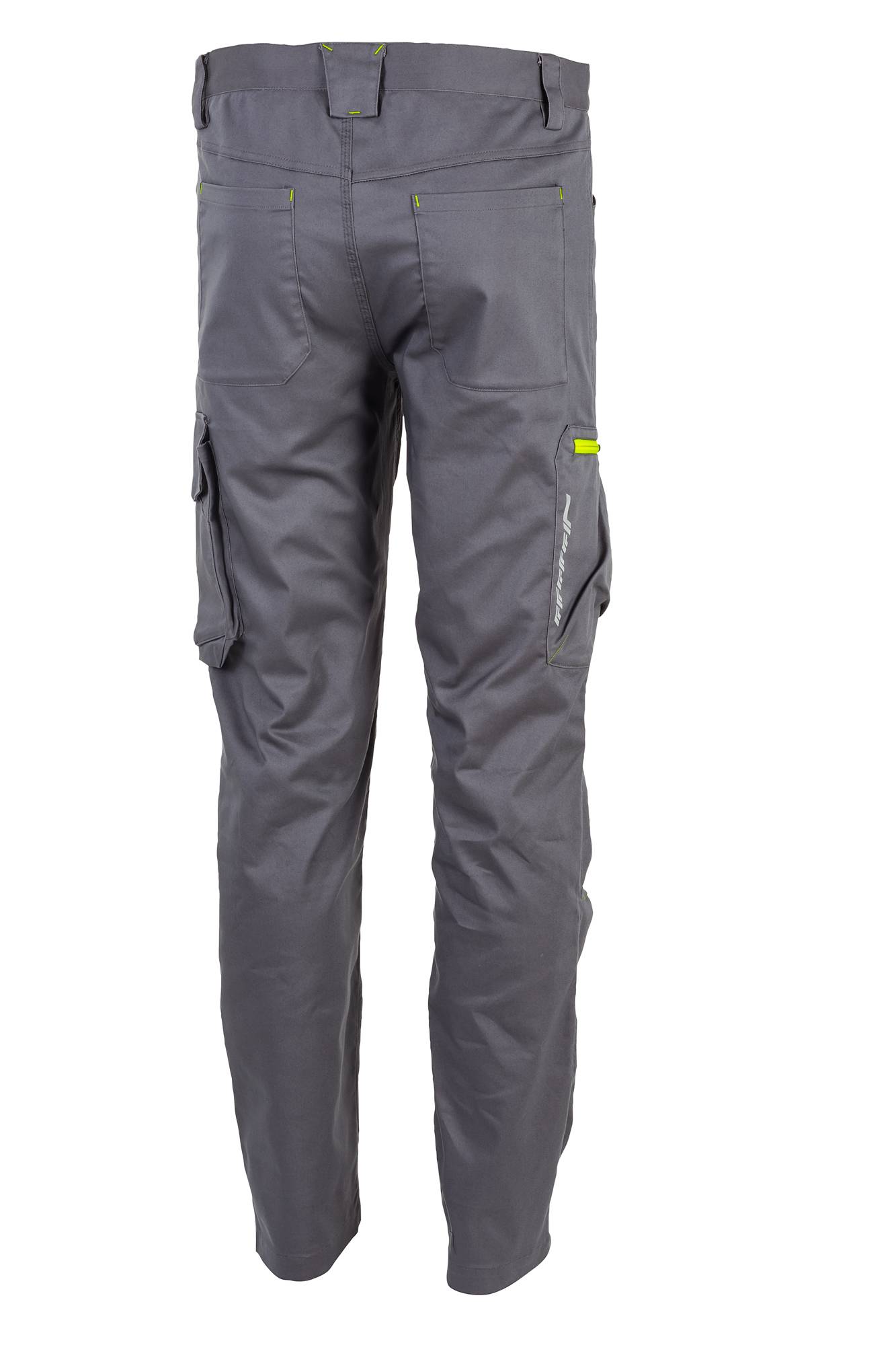 Graue Cargo-Hose mit mehreren Taschen, einschließlich einer Tasche mit fluoreszierendem grünen Details. Designed für Funktionalität und lässigen Tragekomfort.