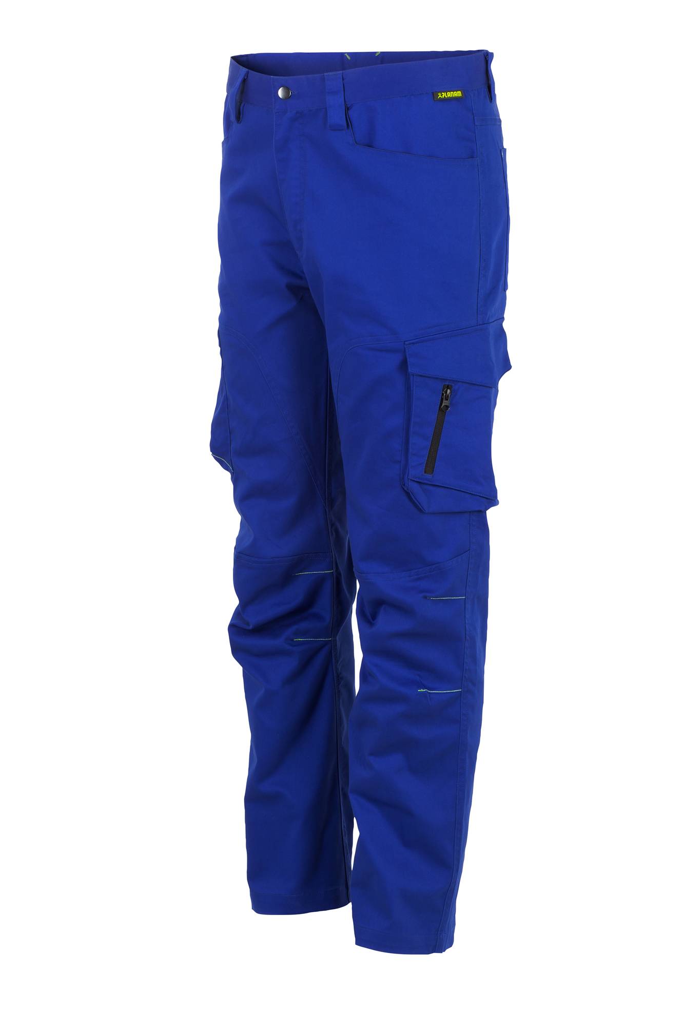Blaue Cargohose mit mehreren Taschen wird gezeigt.