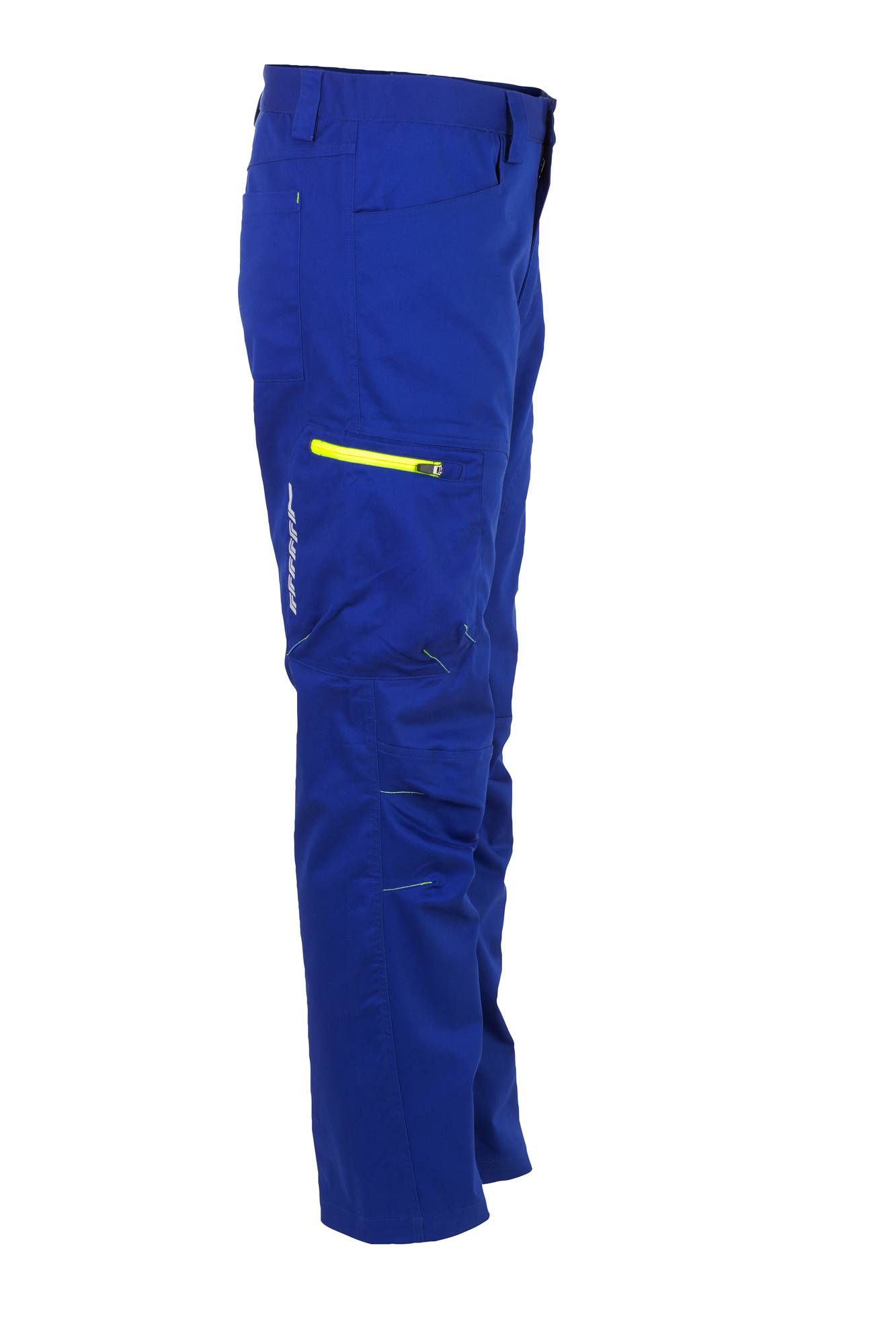 Eine blaue Hose mit einer gelben Reißverschlusstasche wird von der Seite gezeigt, wobei das sportliche Design und die praktischen Eigenschaften hervorgehoben werden.
