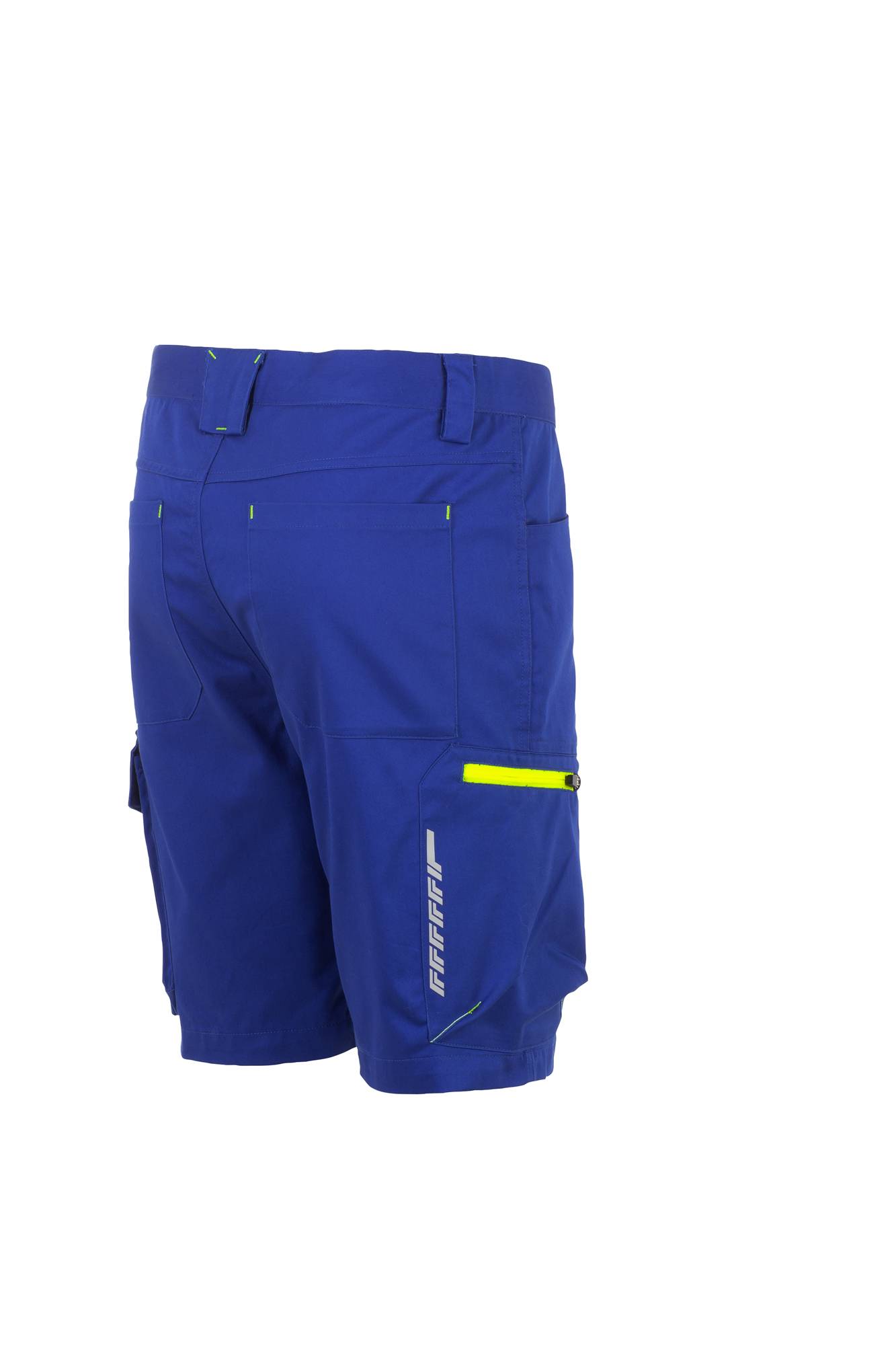Blaue Cargo-Shorts mit seitlicher Tasche, Reißverschluss und Neon-Gelb-Akzenten.
