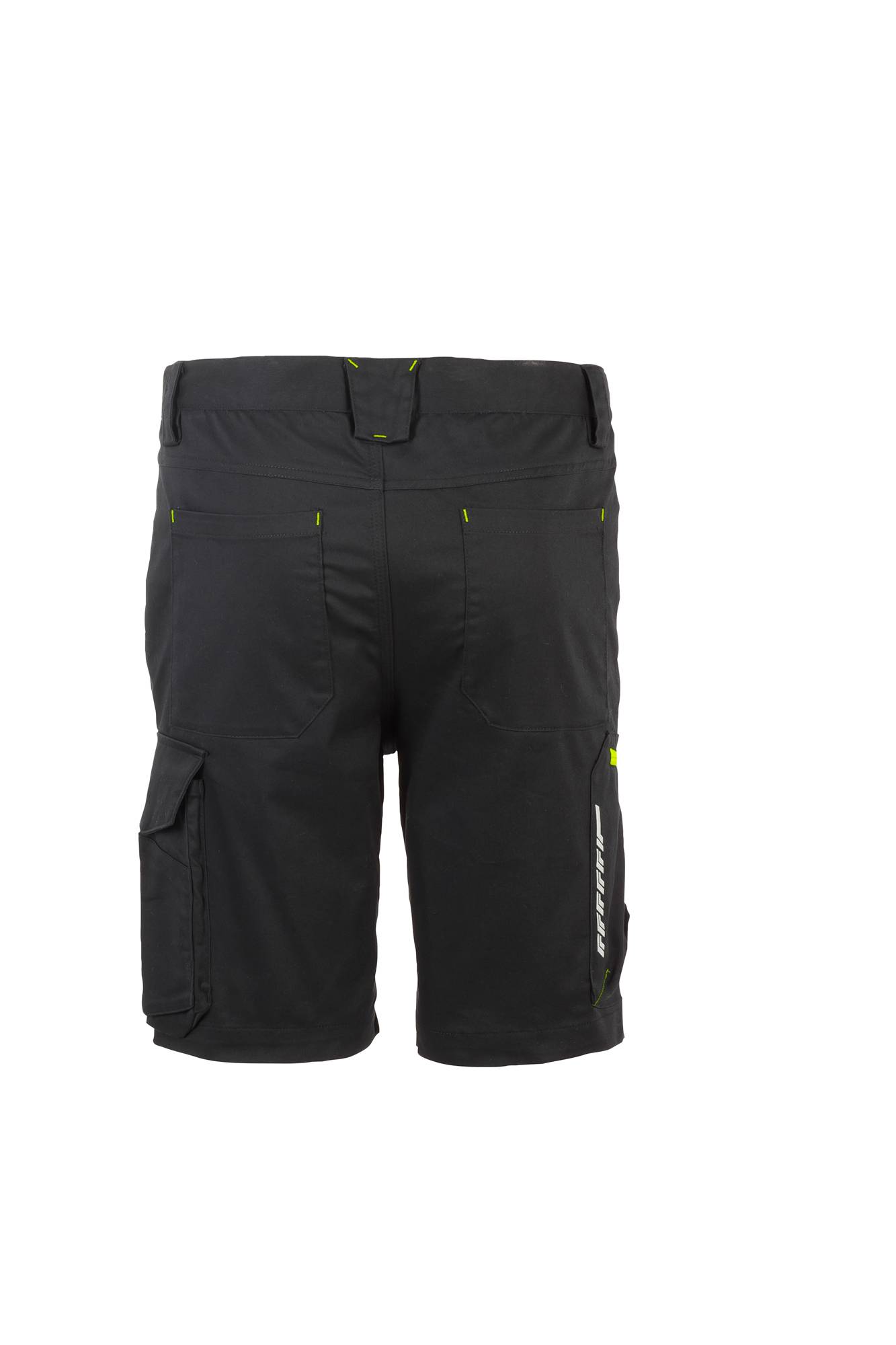 Schwarze Radlerhose mit mehreren Taschen, Rückansicht sichtbar, und Markenlogo auf der rechten Seite. Geeignet für Outdoor-Aktivitäten.