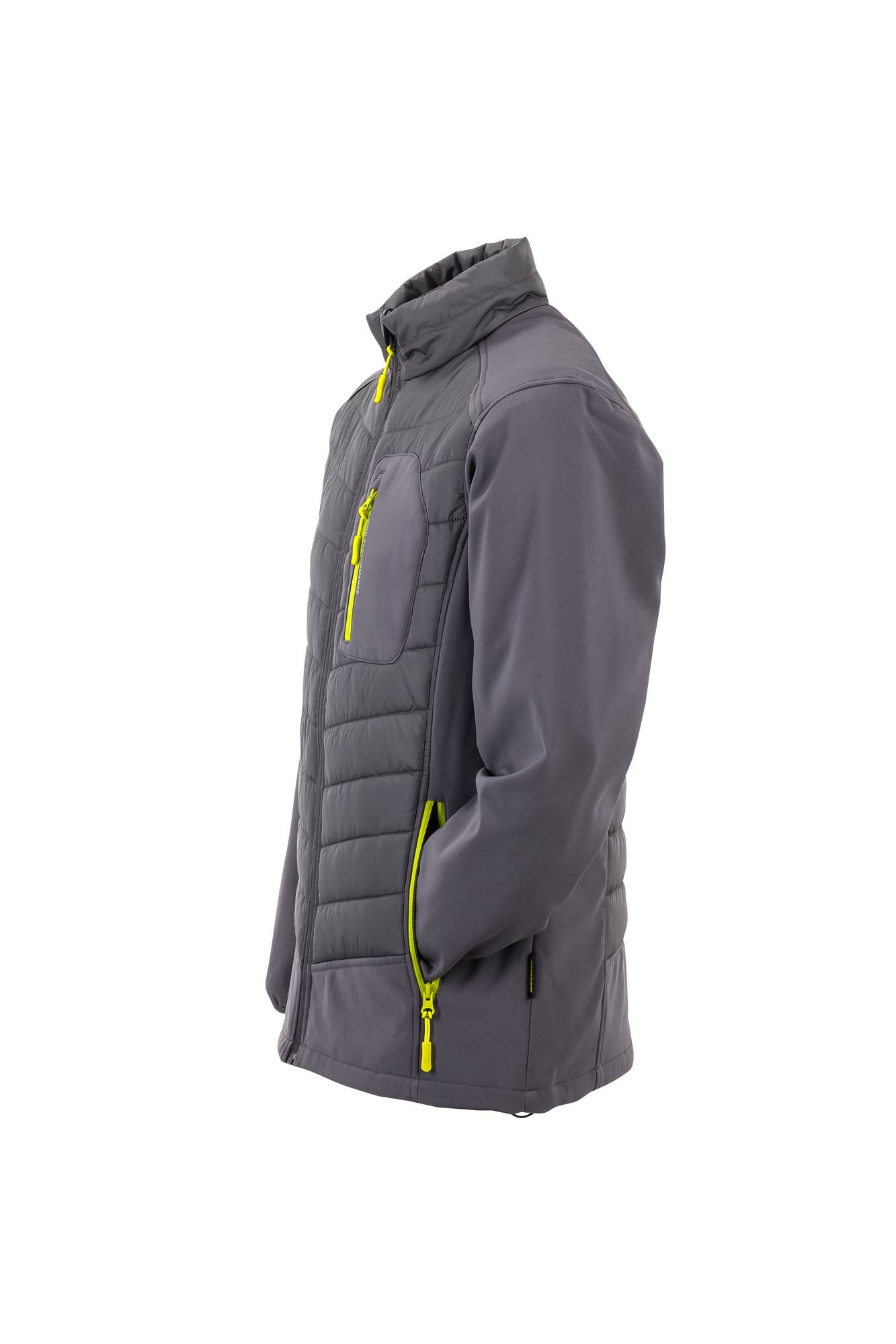 Eine graue und gelbe Outdoor-Jacke mit gesteppten Einsätzen und Reißverschlusstaschen.