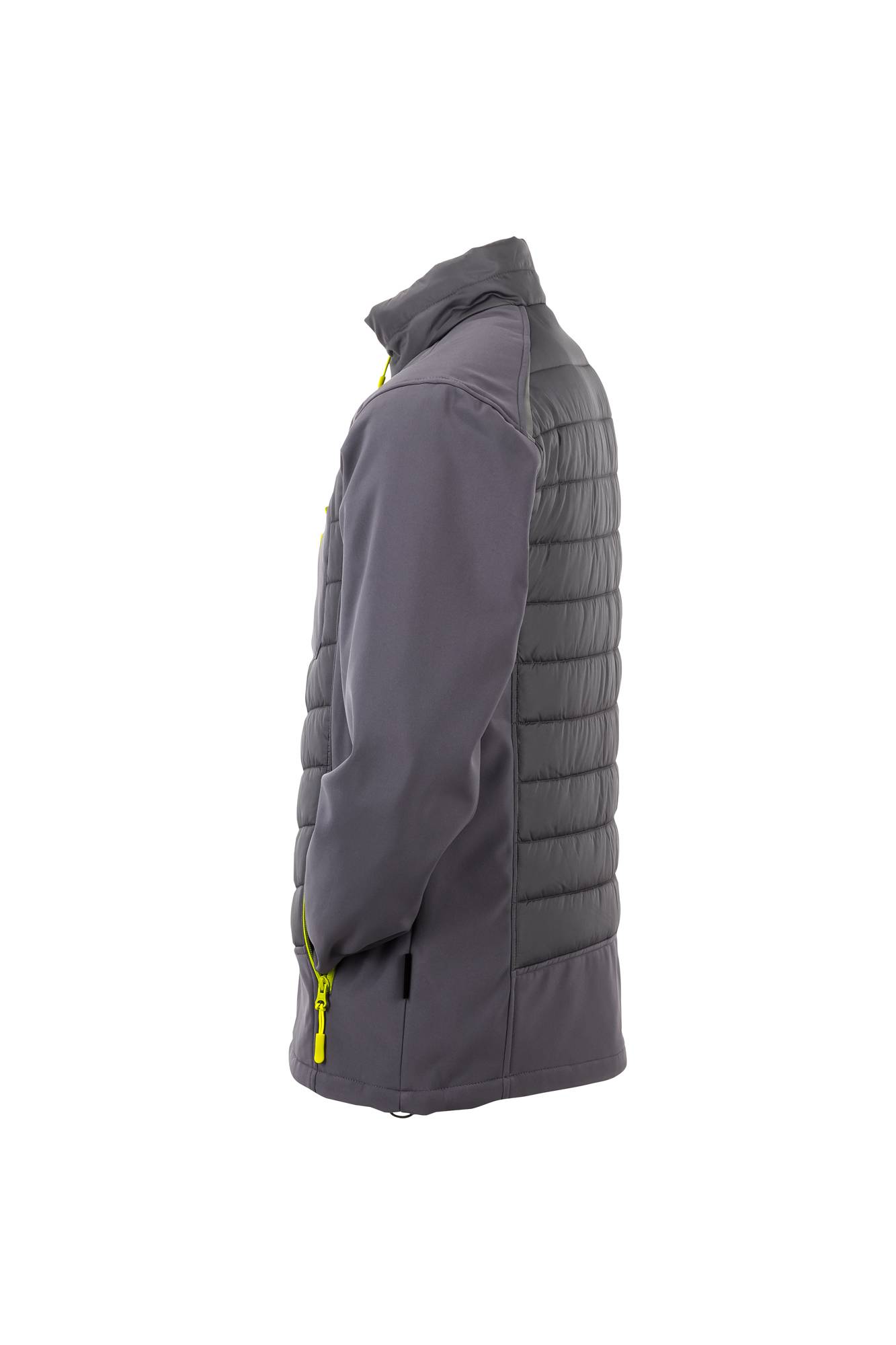 Seitenansicht einer grauen Jacke mit gepolstertem Rücken und gelben Reißverschluss-Akzenten.