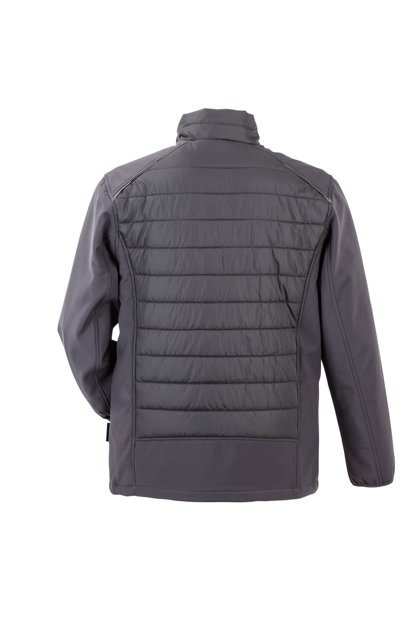 Eine graue Jacke mit gesteppter Polsterung auf dem Rücken und glatten Ärmeln, von hinten betrachtet.