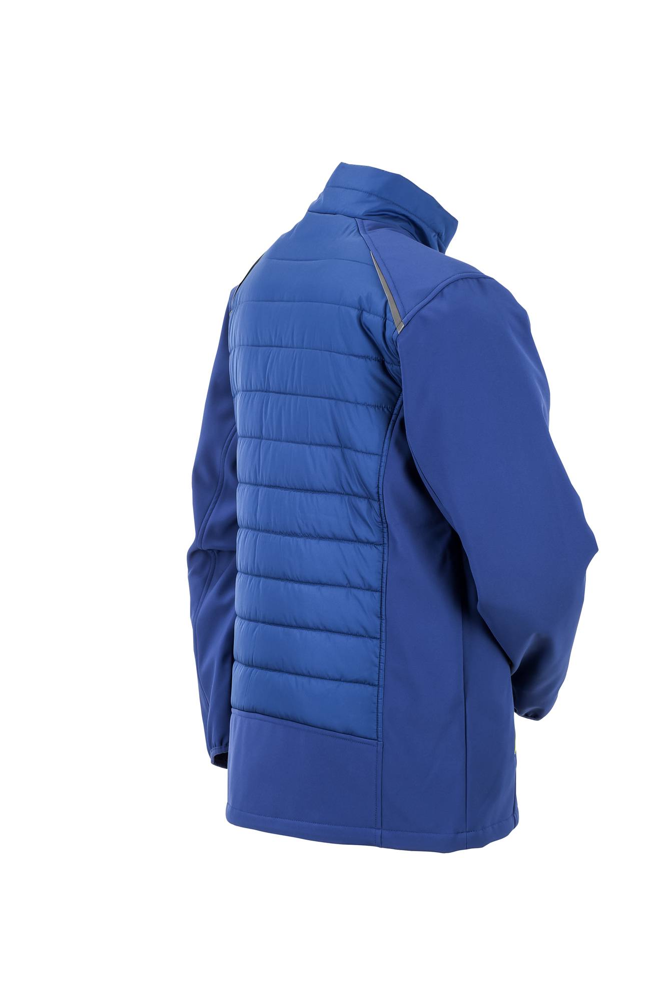 Eine blaue isolierte Jacke, von hinten gezeigt, wobei ihr gestepptes Design und der glatte Stoff hervorgehoben werden.