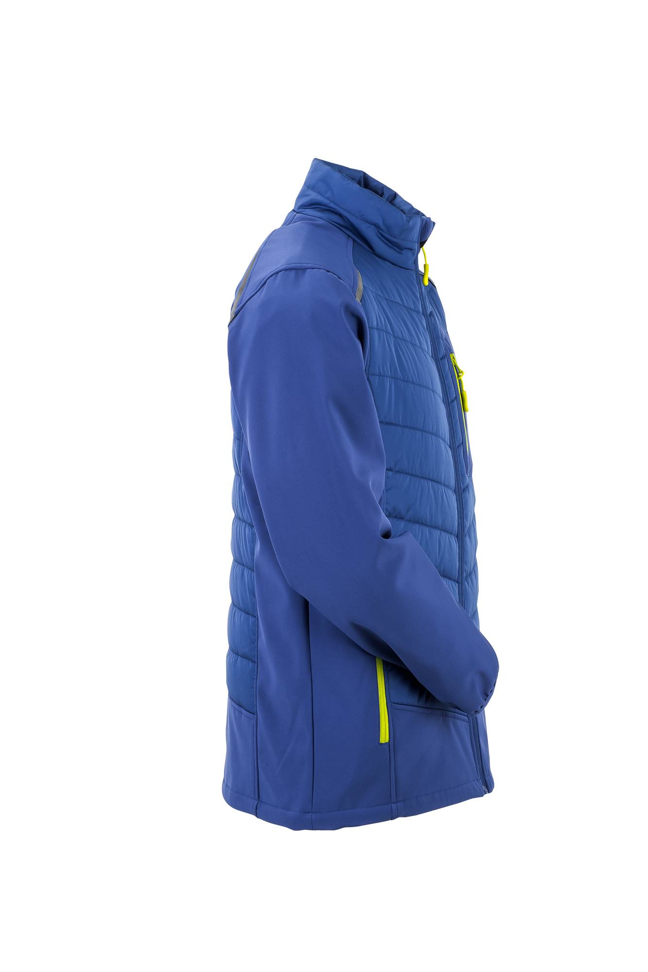 Blaue Jacke mit gesteppten und glatten Stoffsektionen, versehen mit leuchtend gelben Reißverschlussdetails; von der Seite abgebildet.