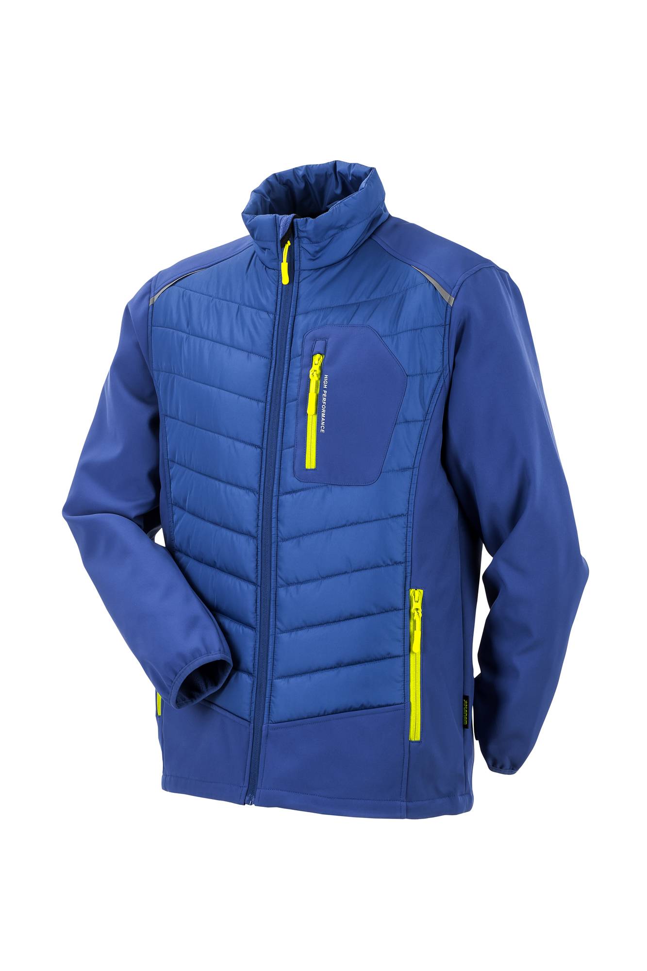 Eine blaue Jacke mit leuchtend gelben Reißverschlüssen, die gepolsterte Einsätze an der Vorderseite und einen hohen Kragen aufweist und für kalte Wetterbedingungen geeignet ist.