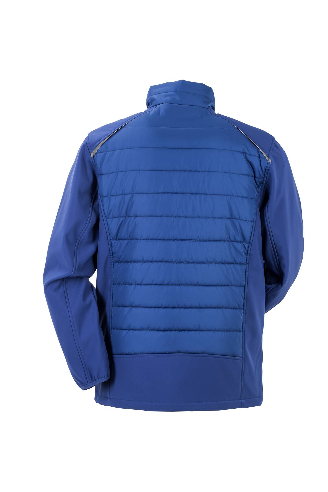 Blauer Steppjacke mit hohem Kragen, von hinten betrachtet, mit horizontalen Steppnähten und glatten Ärmeln.