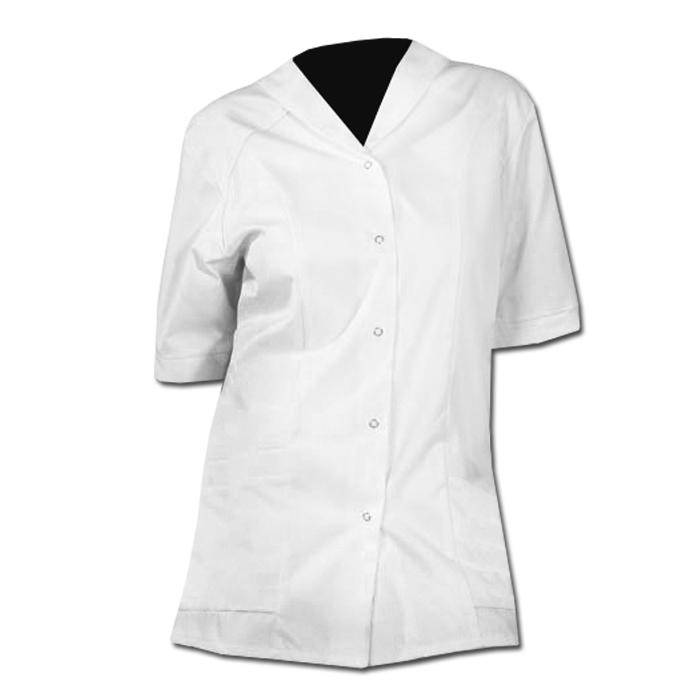 Ein weißes kurzärmliges Hemd mit Knöpfen, das an einer schwarzen Schaufensterpuppe präsentiert wird. Das Hemd ist sauber und wirkt formal, geeignet für professionelle Anlässe.
