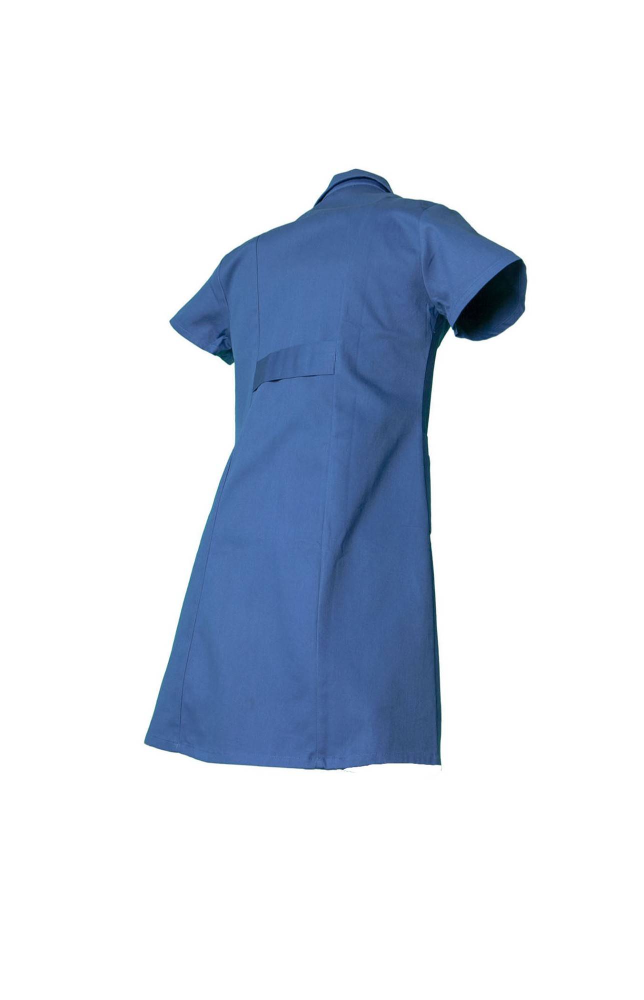 Blaues ärmelloses Kleid oder Tunika, von hinten auf einfachem weißem Hintergrund gezeigt.