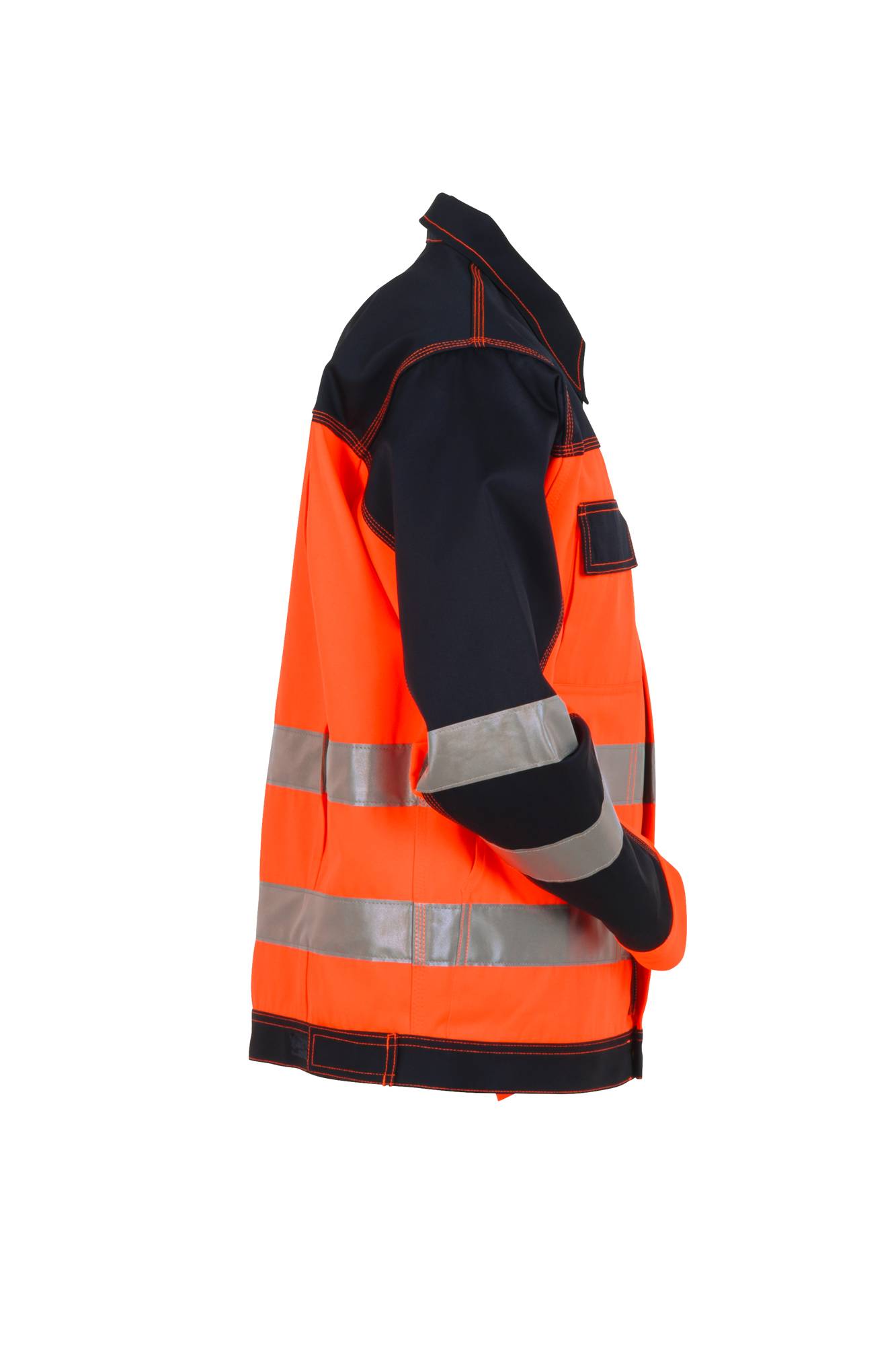 Eine orange und schwarze Warnschutzweste mit reflektierenden silbernen Streifen, entwickelt zur Gewährleistung von Sichtbarkeit und Sicherheit.