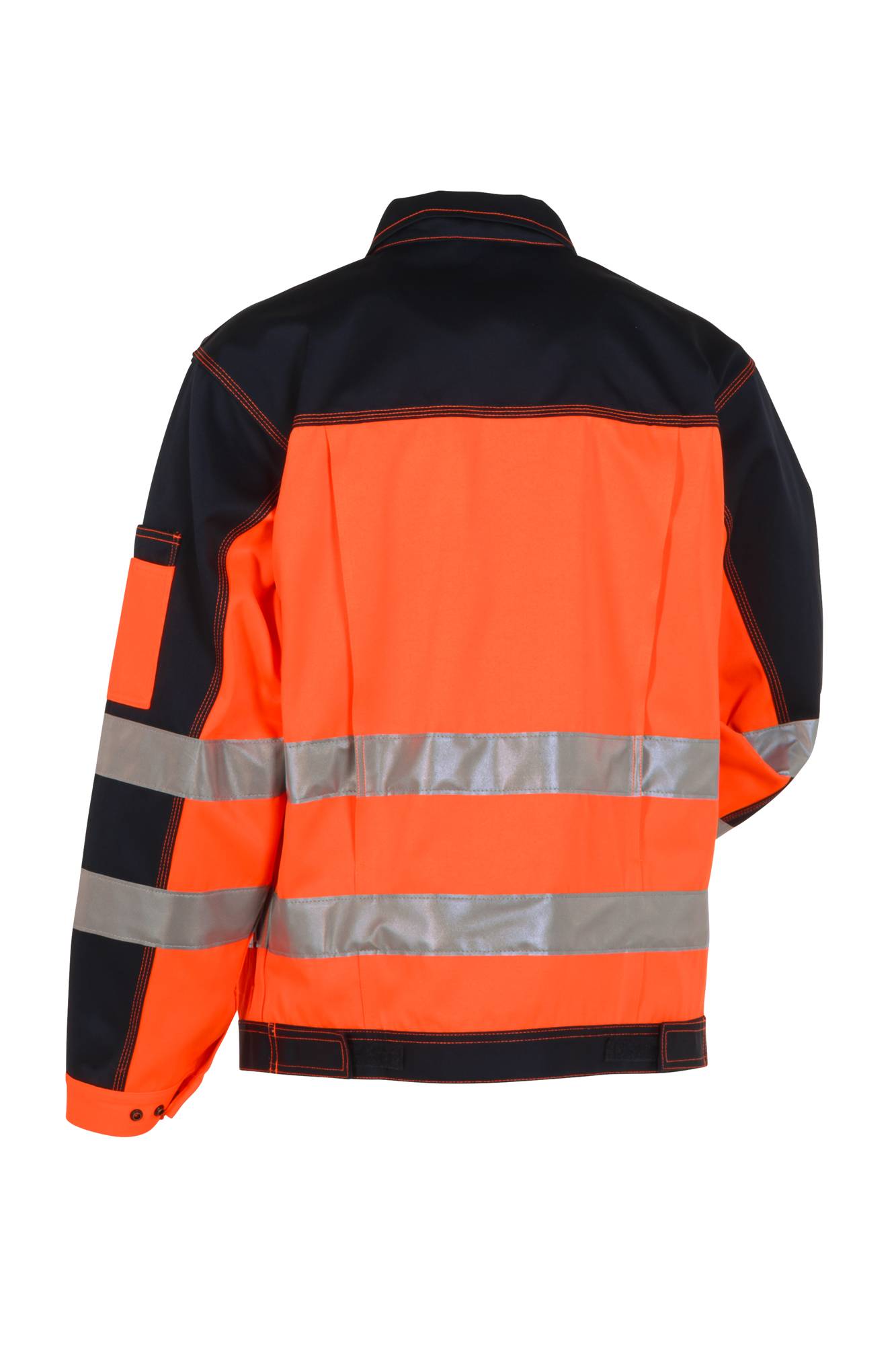 Eine Hochsichtbarkeitsjacke in Orange und Schwarz mit reflektierenden silbernen Streifen, die für die Sicherheit in schlecht beleuchteten Umgebungen entwickelt wurde.