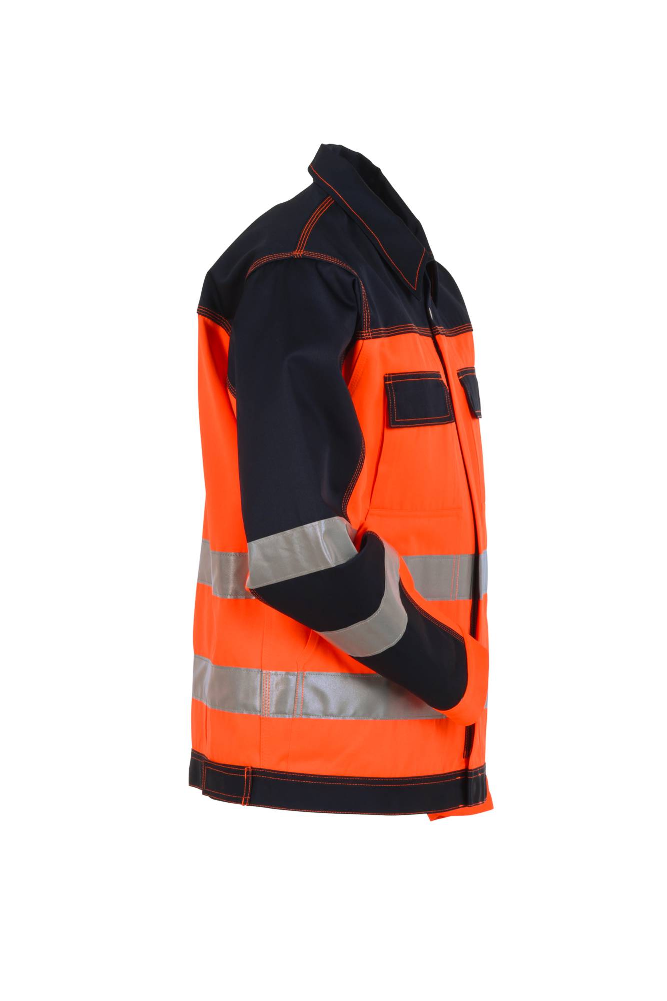 Eine orange-schwarze Sicherheitsweste mit reflektierenden Streifen, die für hohe Sichtbarkeit entwickelt wurde.