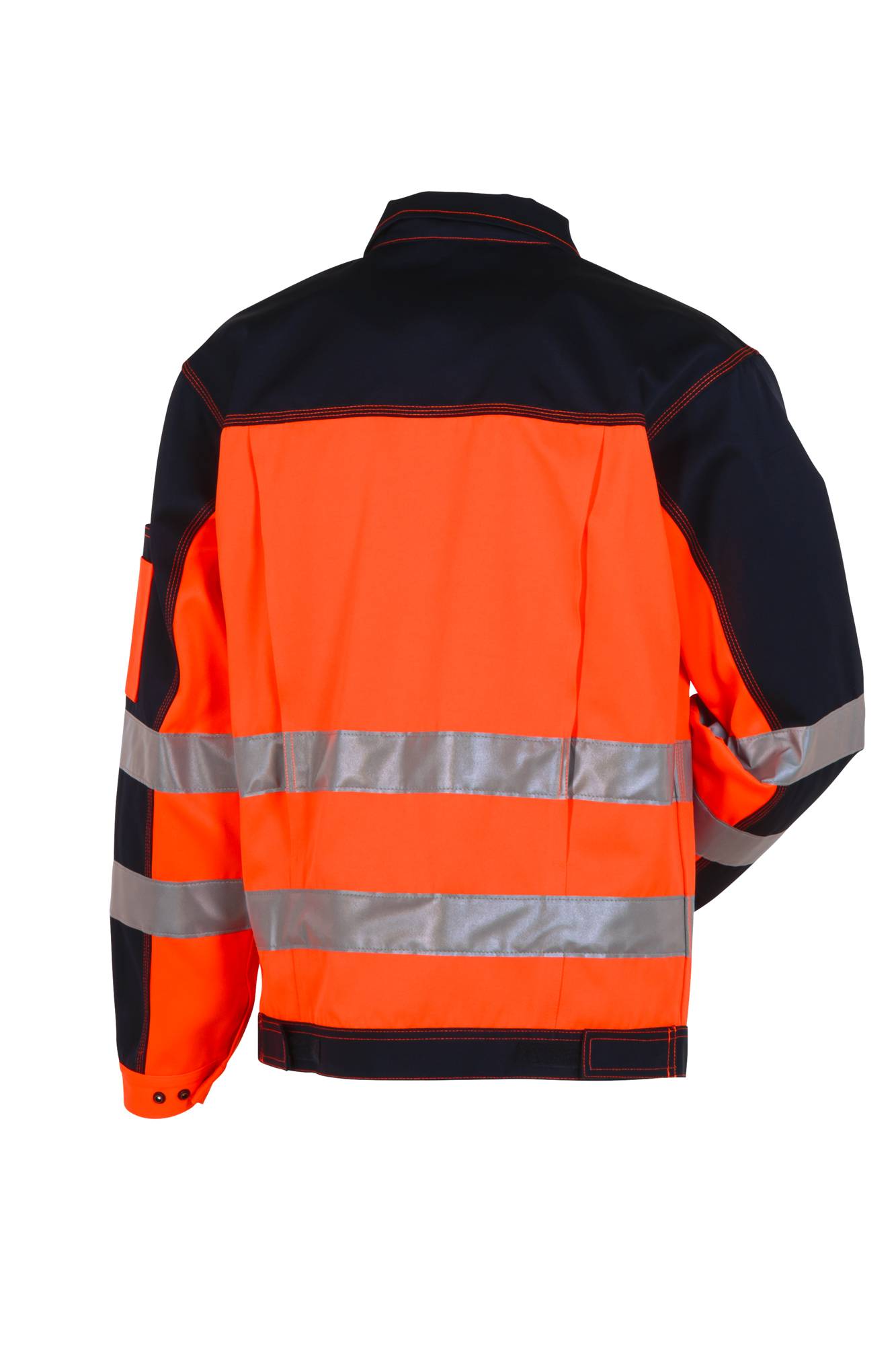 Das Bild zeigt eine orangefarbene und schwarze Warnschutzweste mit reflektierenden Streifen, die für eine erhöhte Sichtbarkeit bei schlechten Lichtverhältnissen konzipiert ist.