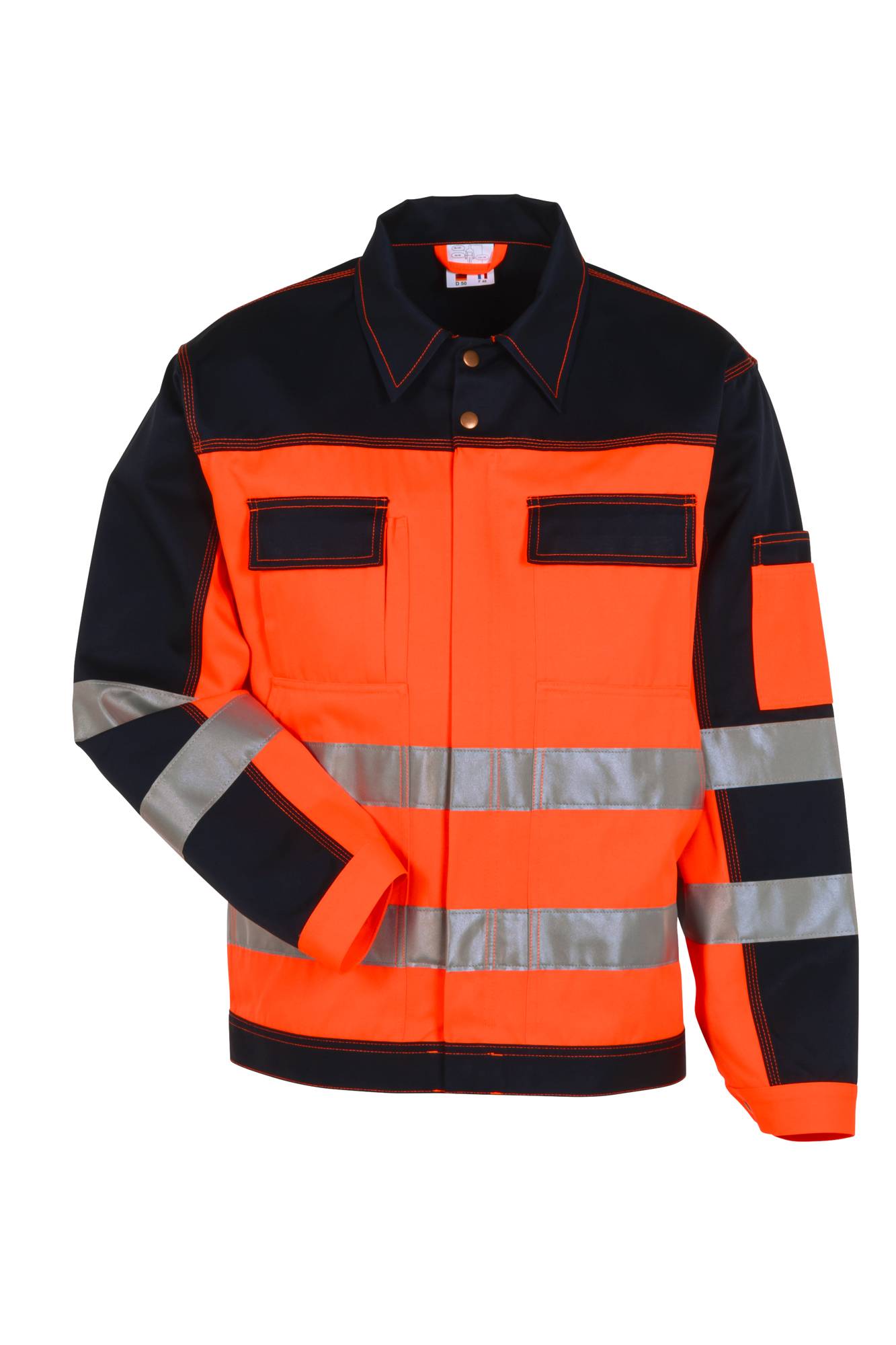 Orange-gelbe Sicherheitsweste mit schwarzen reflektierenden Silberstreifen, entwickelt für hohe Sichtbarkeit in gefährlichen Arbeitsumgebungen.