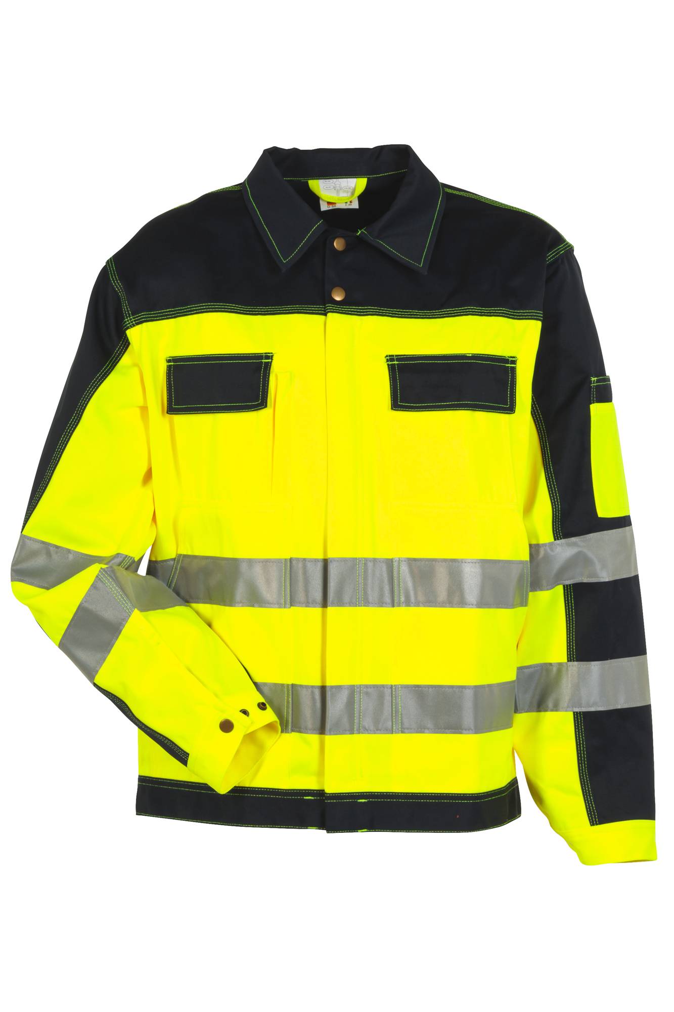 Leuchtend gelbe und schwarze Warnschutzjacke mit reflektierenden Streifen, entwickelt für den Einsatz bei schlechten Lichtverhältnissen.