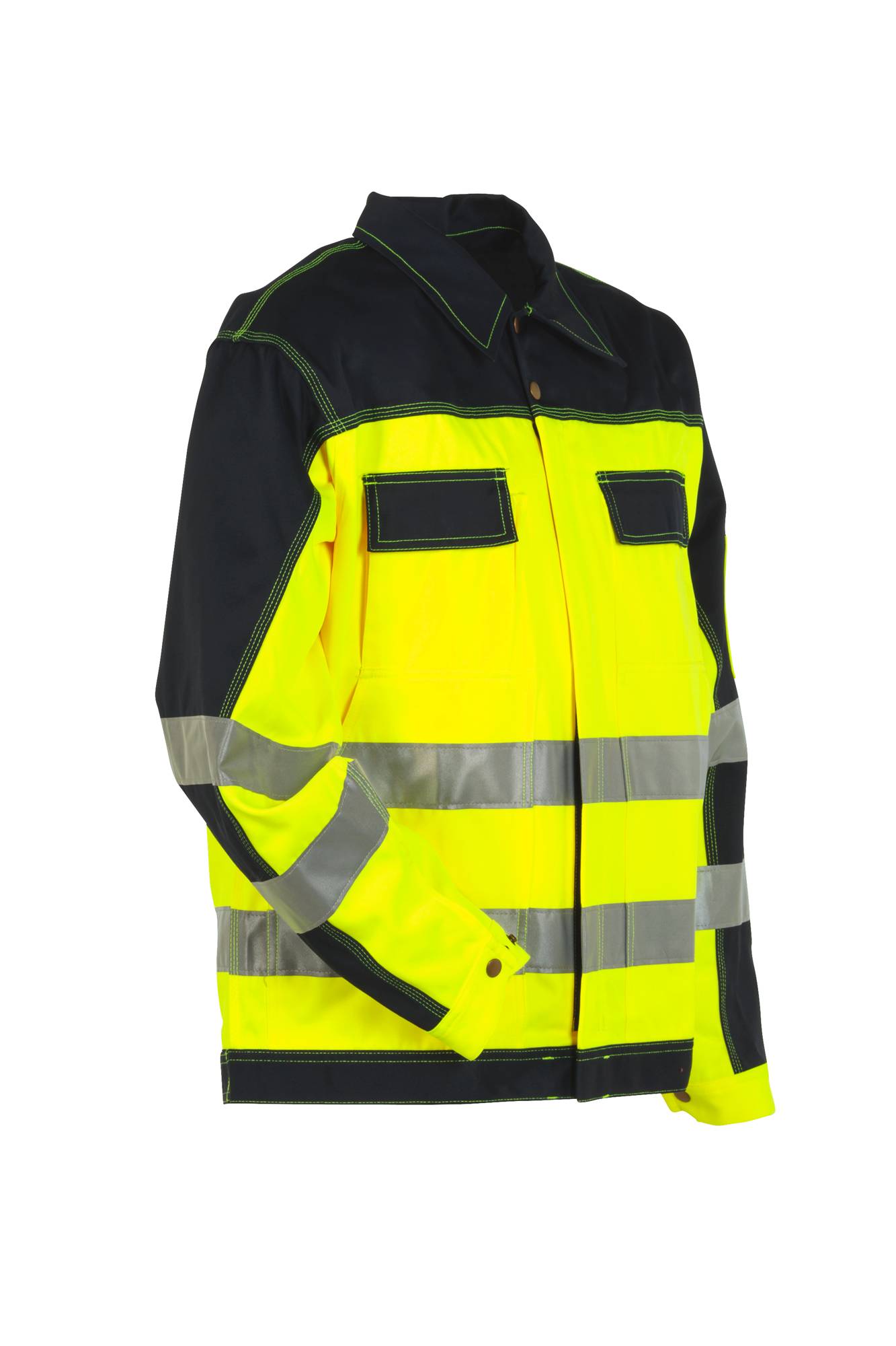Eine Warnschutzweste mit Reflektionsbändern, aus gelb-schwarzem Stoff gefertigt, die zur verbesserten Sichtbarkeit unter schlechten Lichtverhältnissen entwickelt wurde.