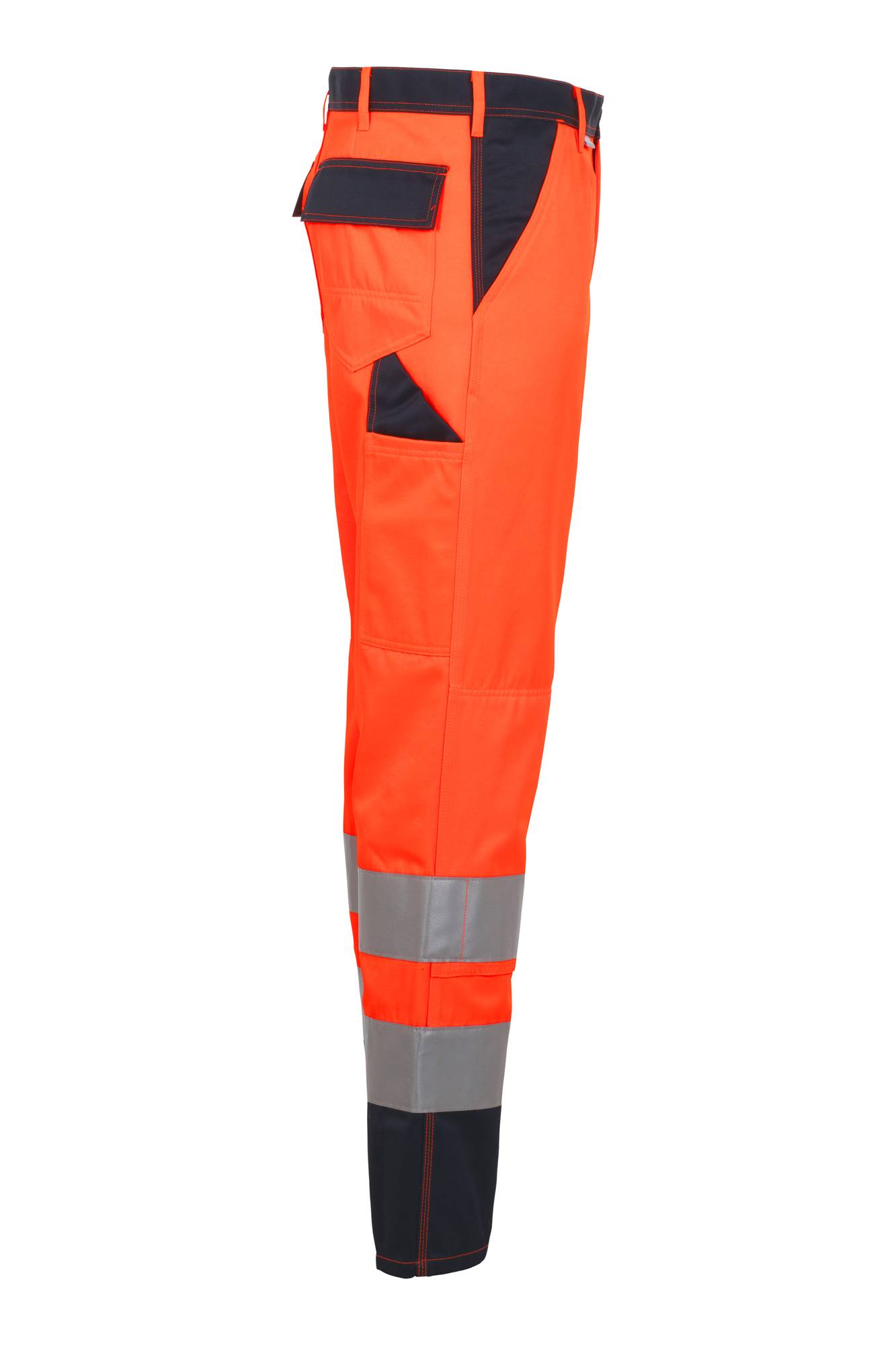 Orange Sicherheitshose mit reflektierenden grauen Streifen und dunklen Taschen, entwickelt für hohe Sichtbarkeit in Arbeitsumgebungen.