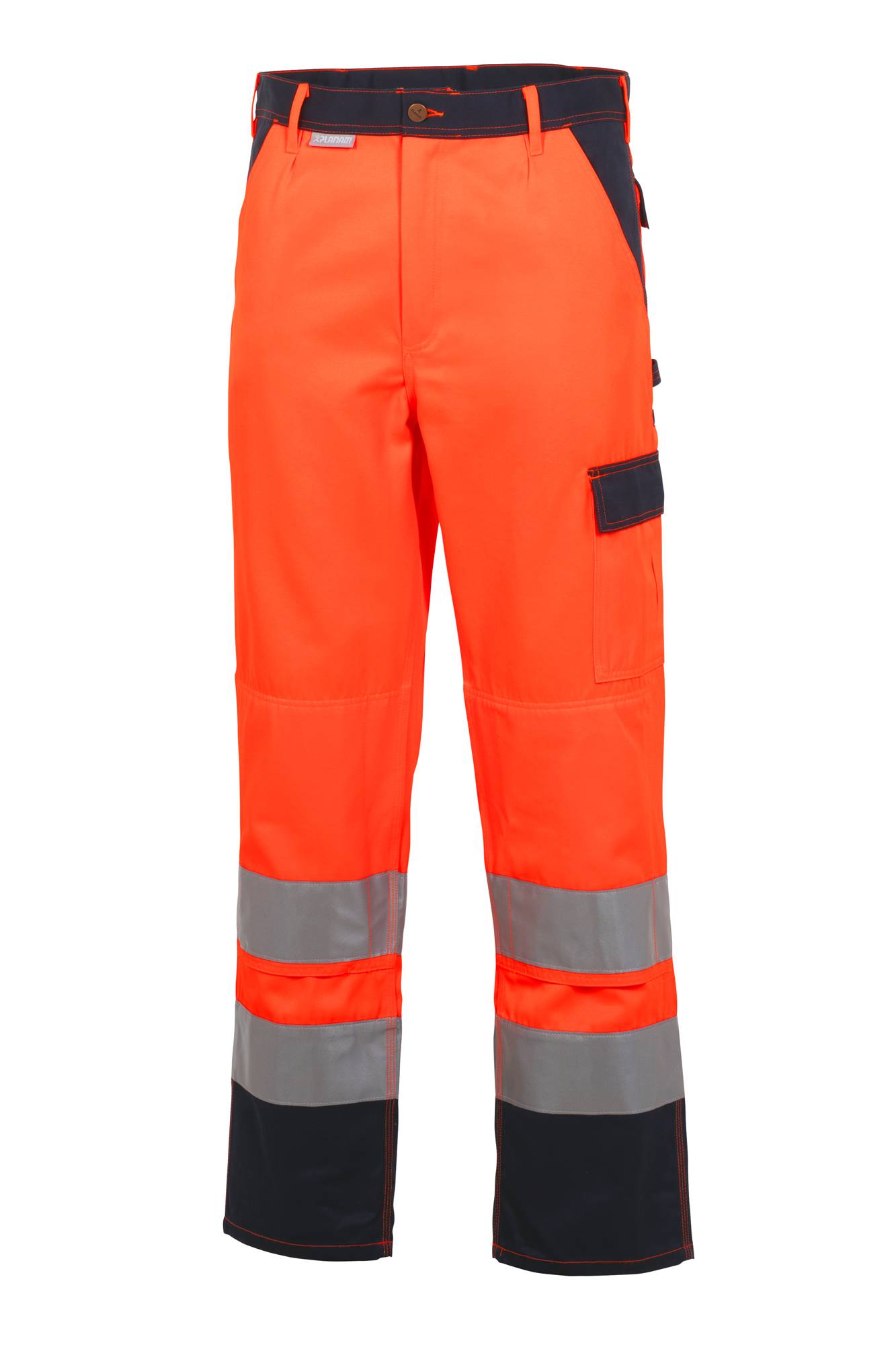 Leuchtend orangene Arbeitshose mit reflektierenden Bändern um die Knie, geeignet für hohe Sichtbarkeit in Bau- oder Straßenverkehrssicherheitsbereichen.