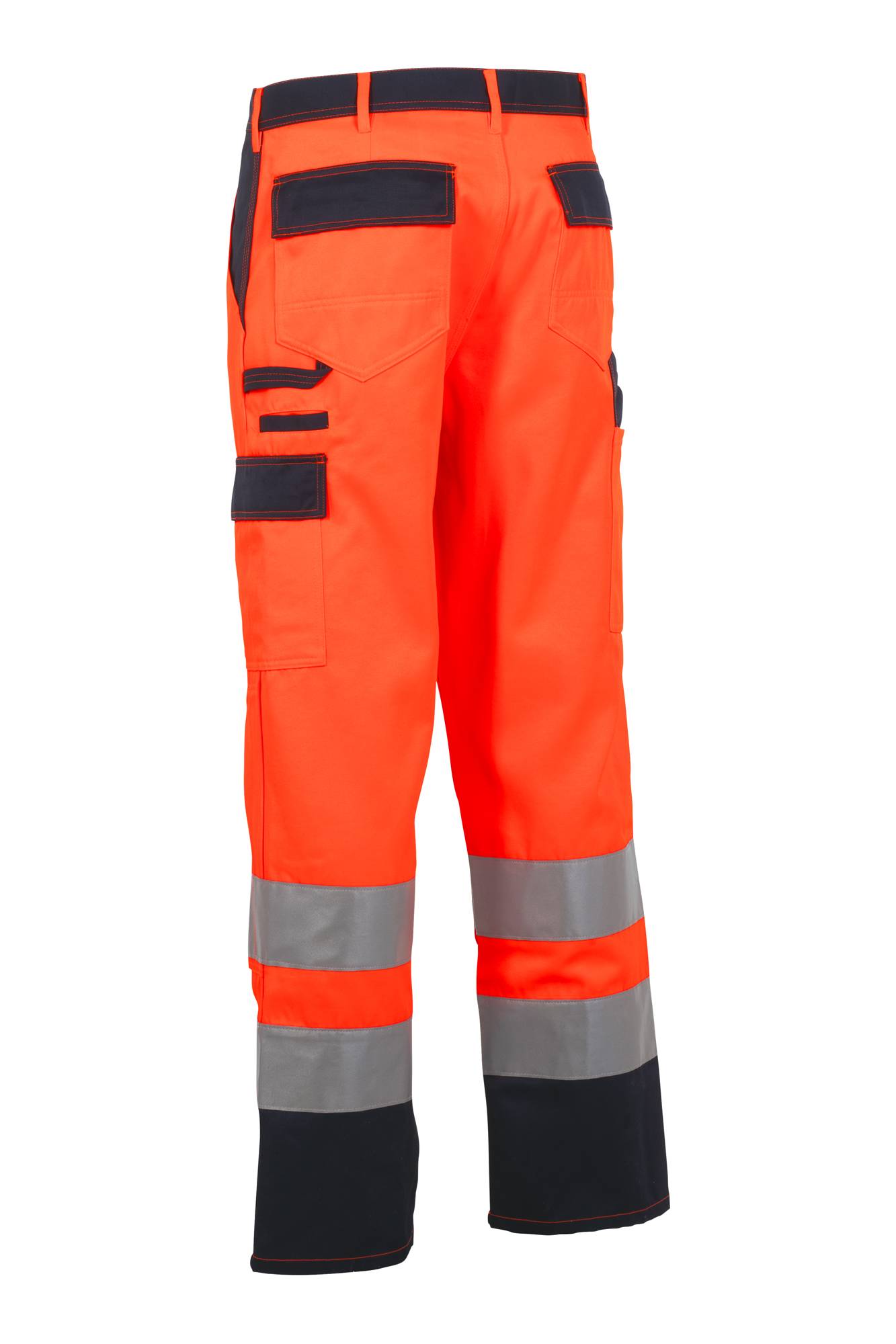 Leuchtend orangefarbene Sicherheitshose mit Reflektionsstreifen und mehreren Taschen, entwickelt für hohe Sichtbarkeit in gefährlichen Arbeitsbereichen.