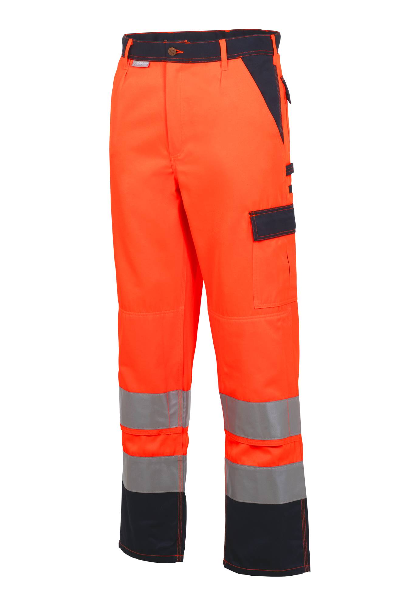 Leuchtend orangene Warnschutzhose mit reflektierenden grauen Streifen, speziell entwickelt für Sicherheit bei schlechten Sichtbarkeitsbedingungen.