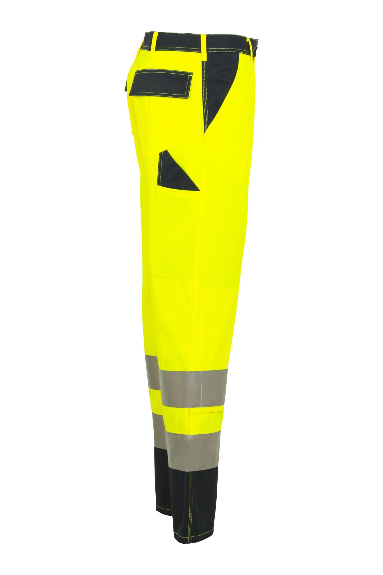 Leuchtend gelbe Warnschutzhose mit reflektierenden Streifen in Knöchelhöhe und schwarzen Tascheneinfassungen, entwickelt für maximale Sicherheit.