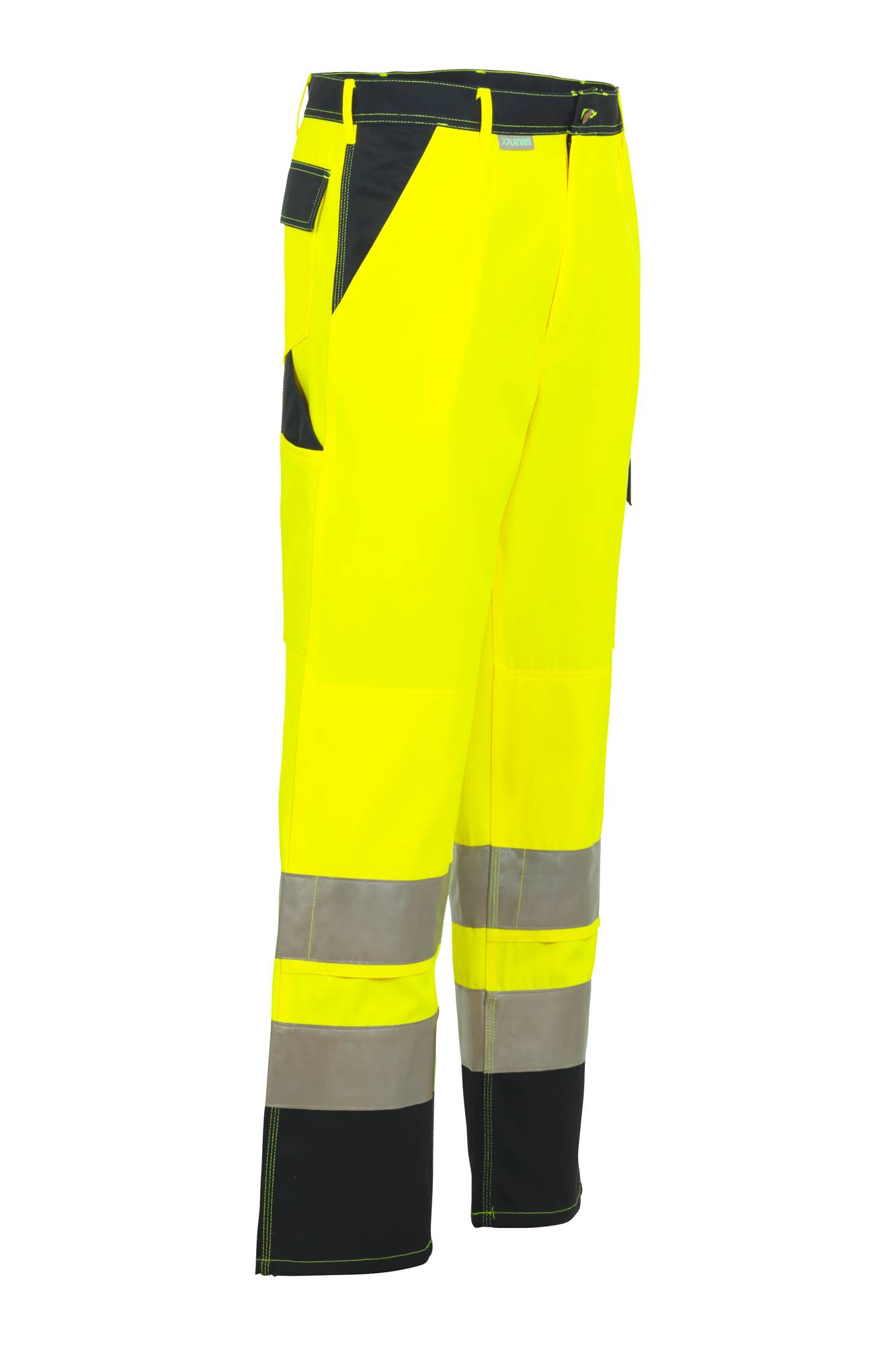 Leuchtend gelbe Warnhose mit grauen Reflektionsbändern um die Unterschenkel, entwickelt für Sichtbarkeit und Sicherheit bei schlechten Lichtverhältnissen.