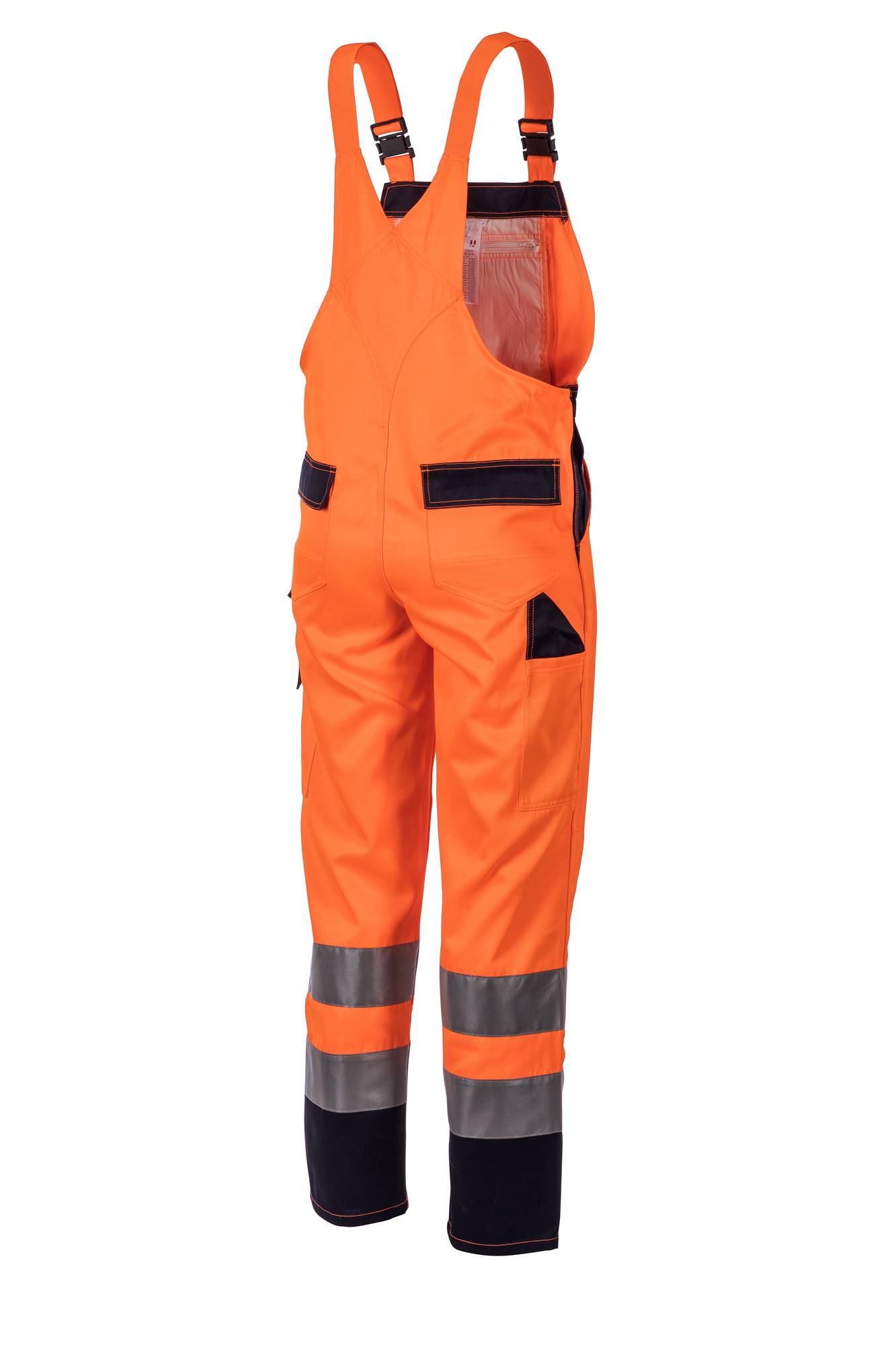 Leuchtend orangene Sicherheitsoveralls mit reflektierenden Streifen an den Beinen, entwickelt für hohe Sichtbarkeit in Bau- oder Straßenarbeitsbereichen.