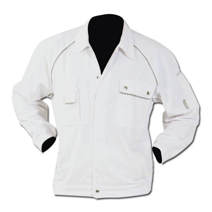 Eine weiße, langärmelige Arbeitsjacke mit Knopftaschen, geeignet für verschiedene industrielle und Outdoor-Einsatzbereiche.