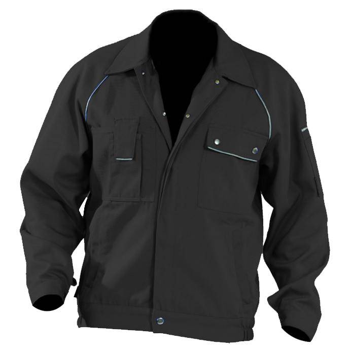 Eine schwarze Jacke mit Vordertaschen und Knöpfen wird präsentiert, die einen lässigen und funktionalen Outerwear-Stil vorführt.