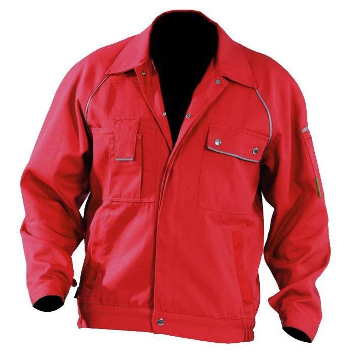 Rote Jacke mit Reißverschluss vorne, Taschen mit Knöpfen und silbernen Paspelierungen. Sie hat einen Kragen und scheint für kalte Wetterbedingungen geeignet zu sein.