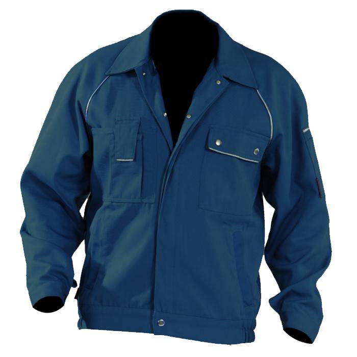 Blaue Jacke mit Knopfverschluss vorne, zwei Brusttaschen und kontrastierender weißer Naht. Geeignet für Freizeit oder Arbeitskleidung.